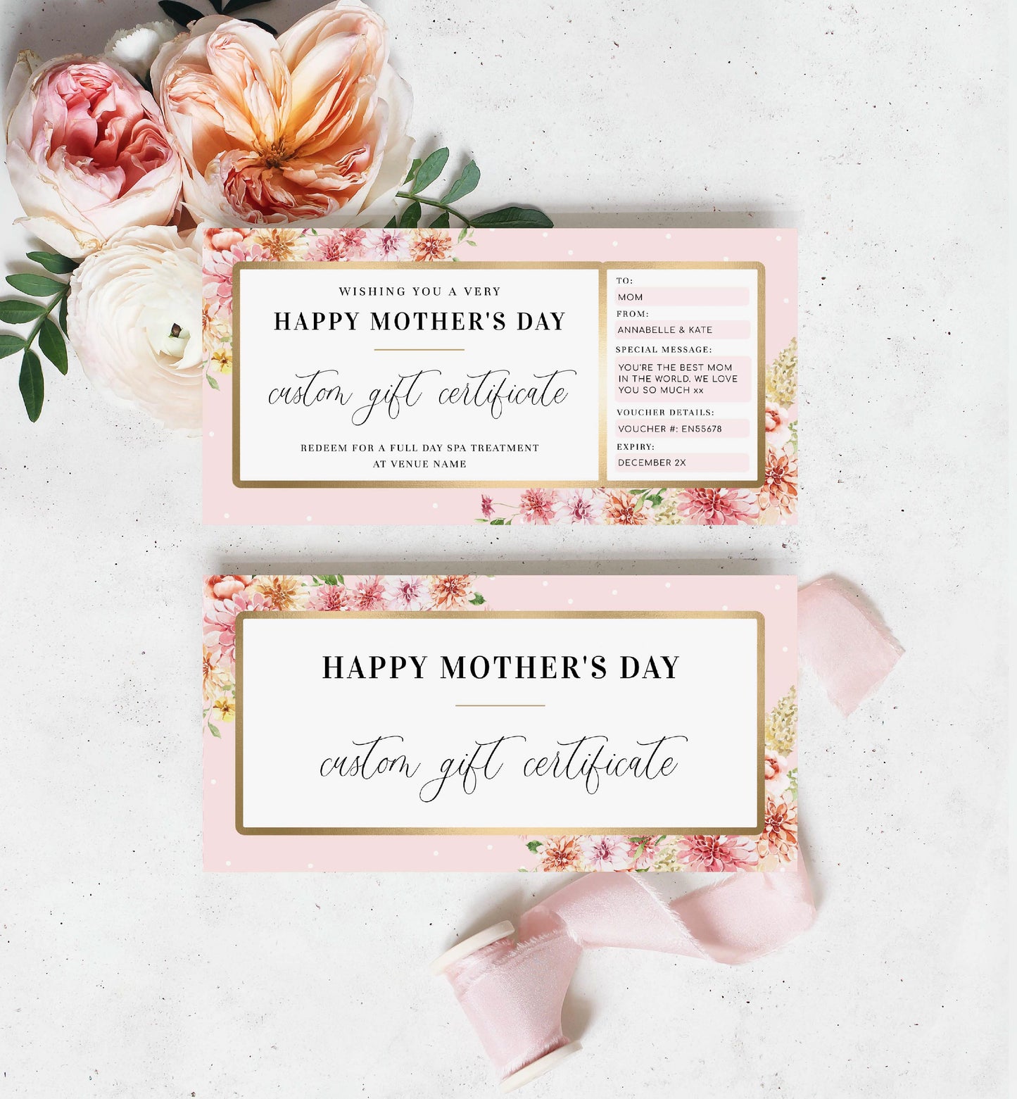 Quinn Floral Pink | Printable Mother's Day Custom Gift Voucher