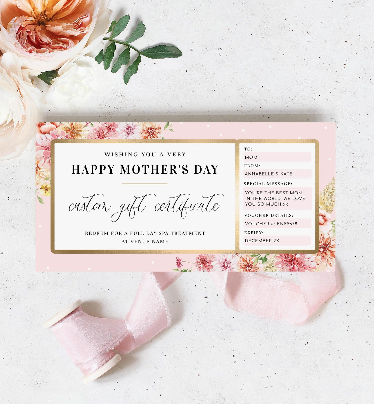 Quinn Floral Pink | Printable Mother's Day Custom Gift Voucher