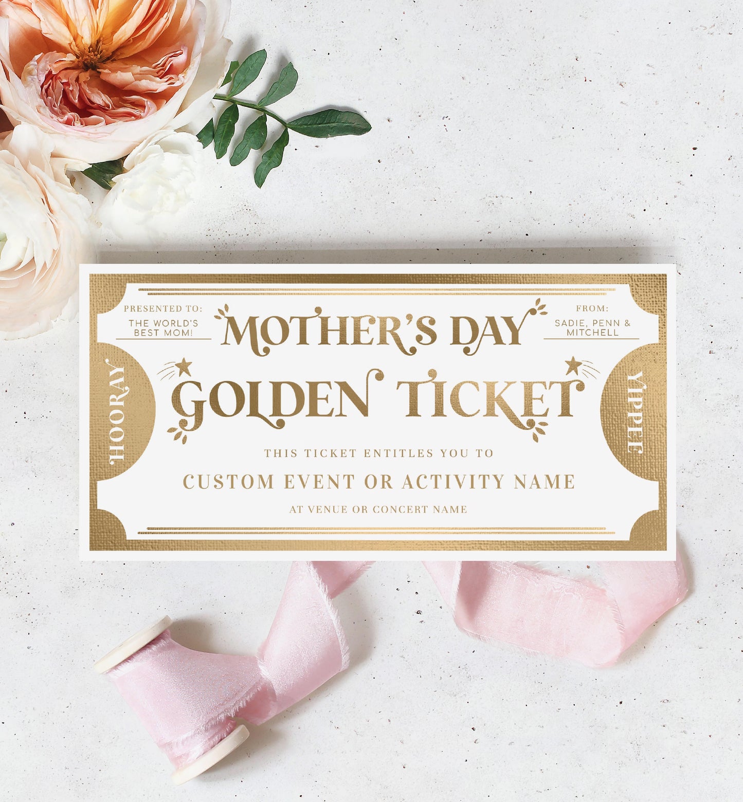 Golden Ticket Gold | Printable Mother's Day Custom Gift Voucher Template