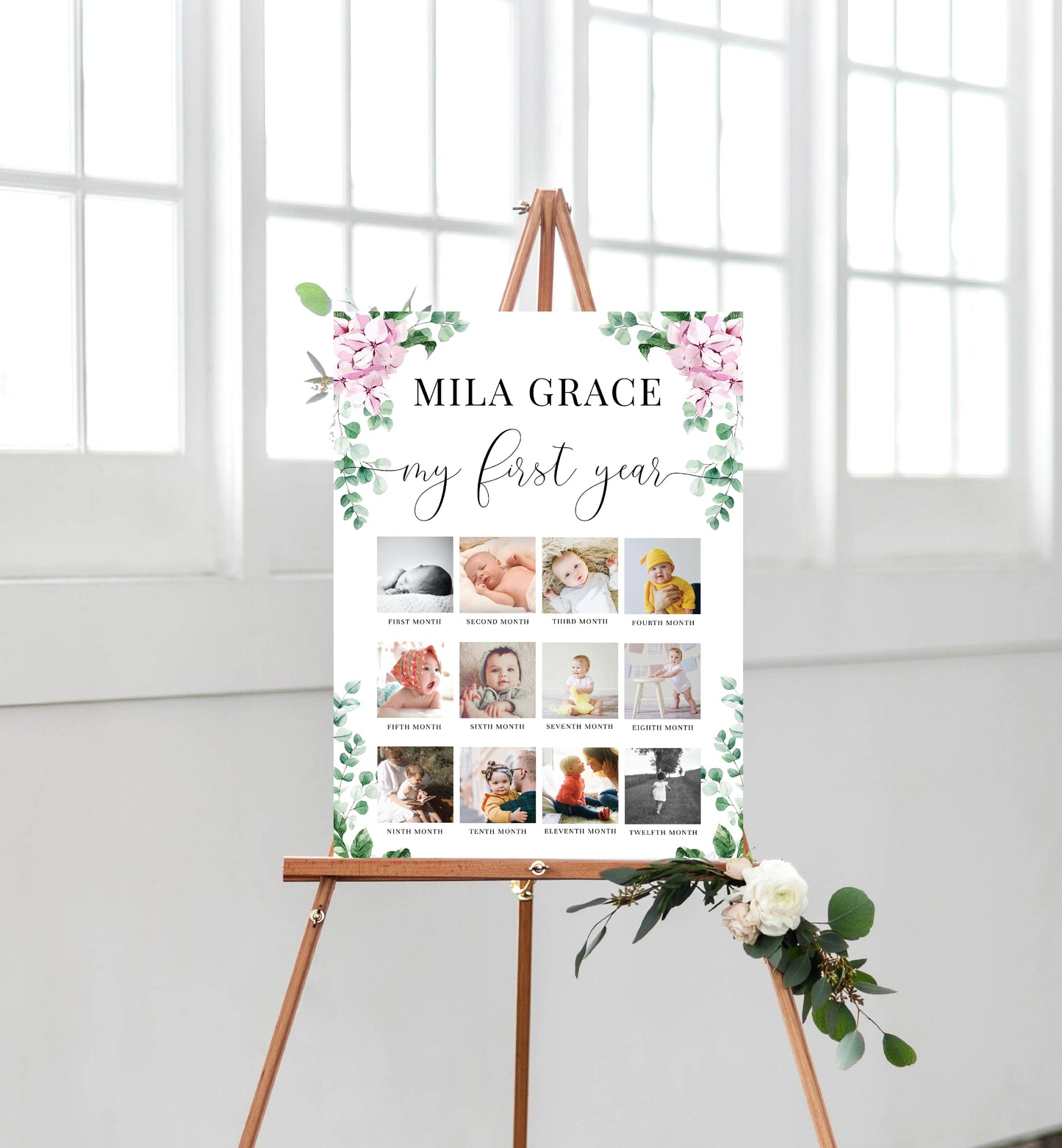 Ferras Blossom Pink | Printable My First Year Photo Timeline Sign Template