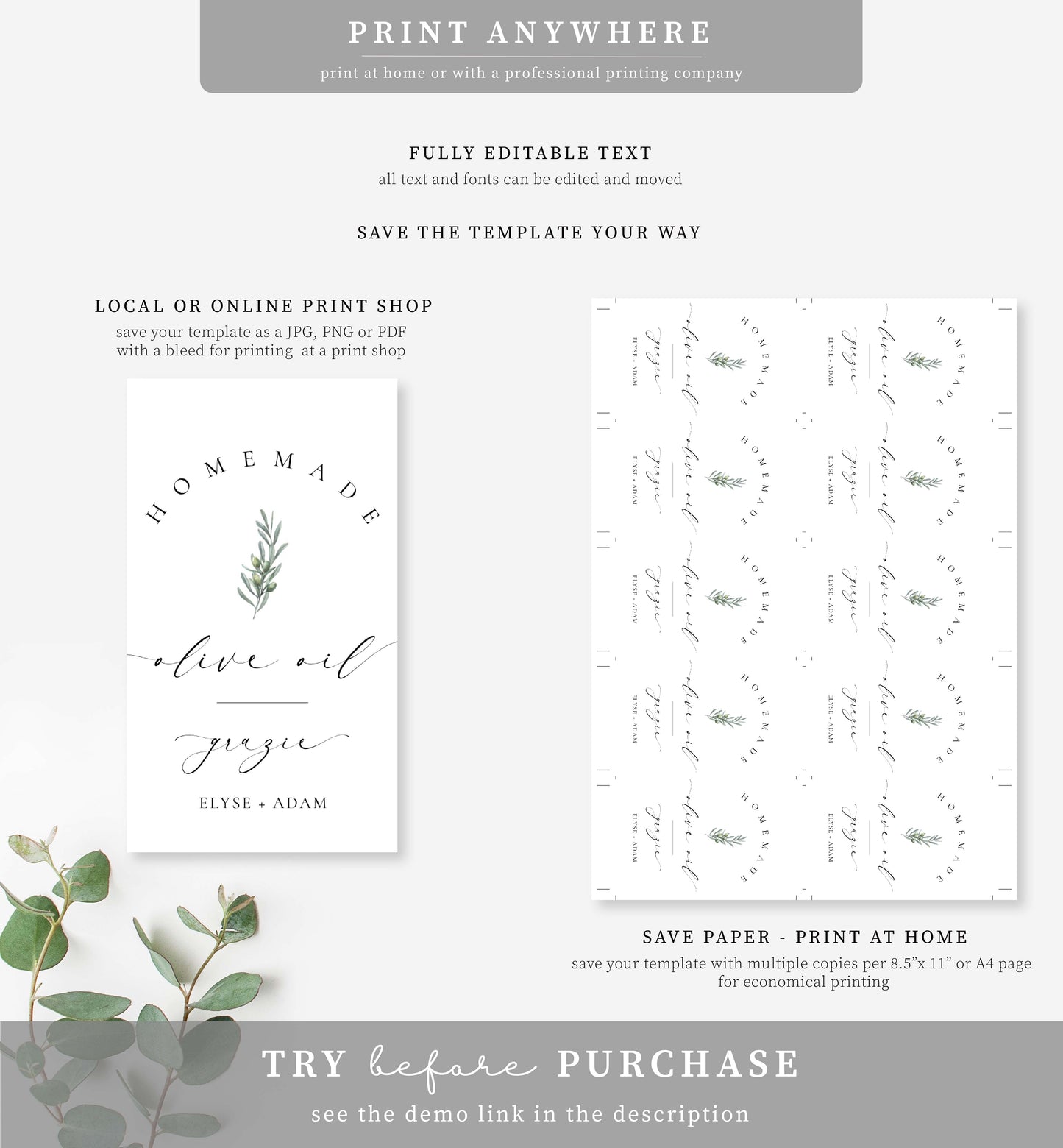 Ellesmere White | Printable Olive Oil Favour Tags Template