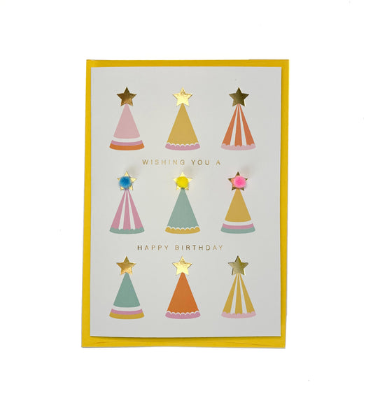 Party Hat Pom Poms Multi Gold | Birthday Greeting Card