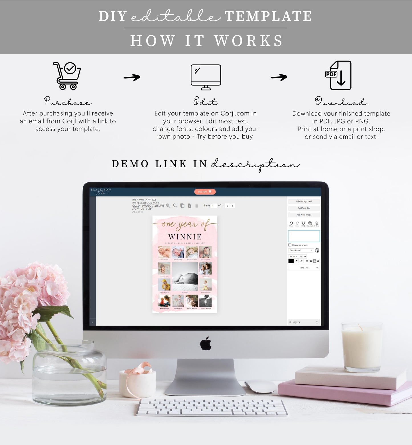 Watercolour Pink | Printable My First Year Photo Timeline Sign Template