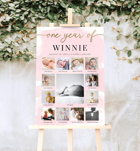 Watercolour Pink | Printable My First Year Photo Timeline Sign Template