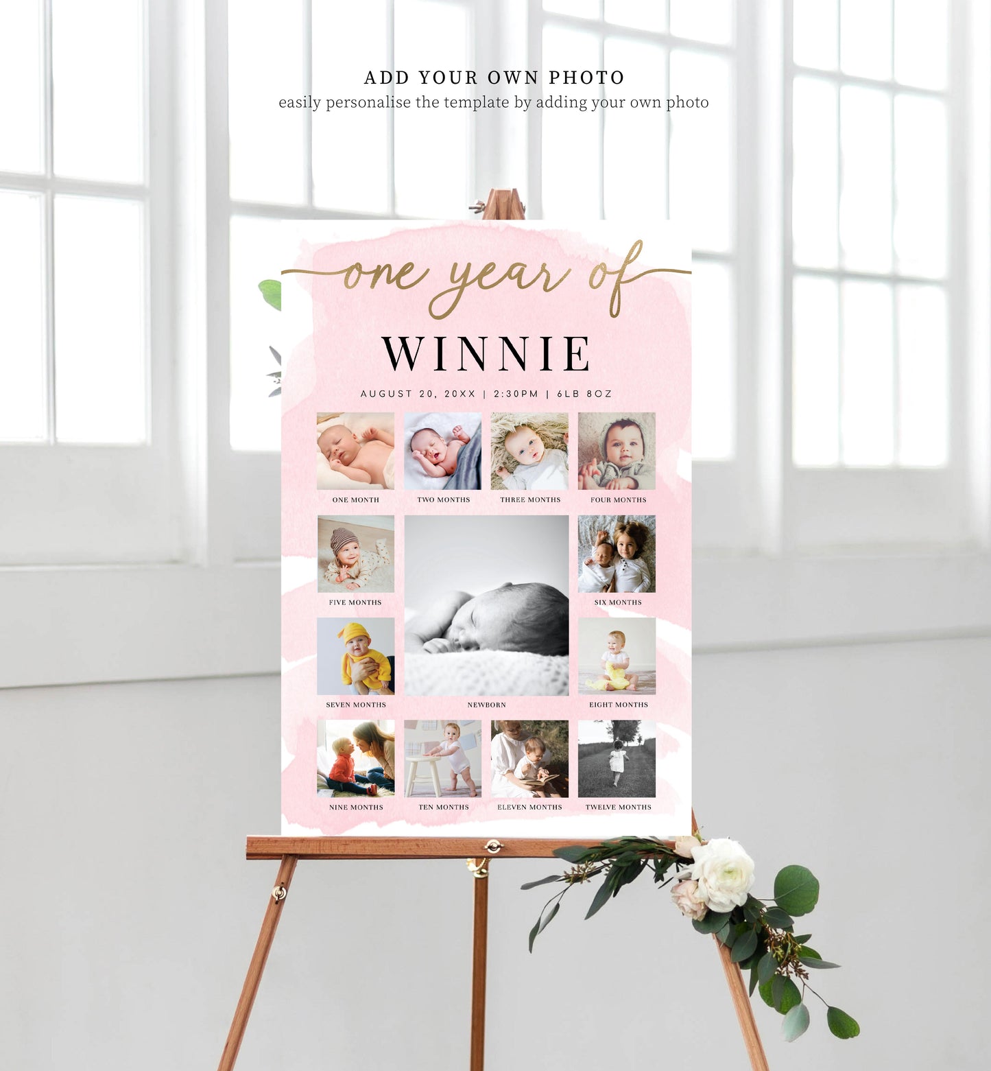 Watercolour Pink | Printable My First Year Photo Timeline Sign Template