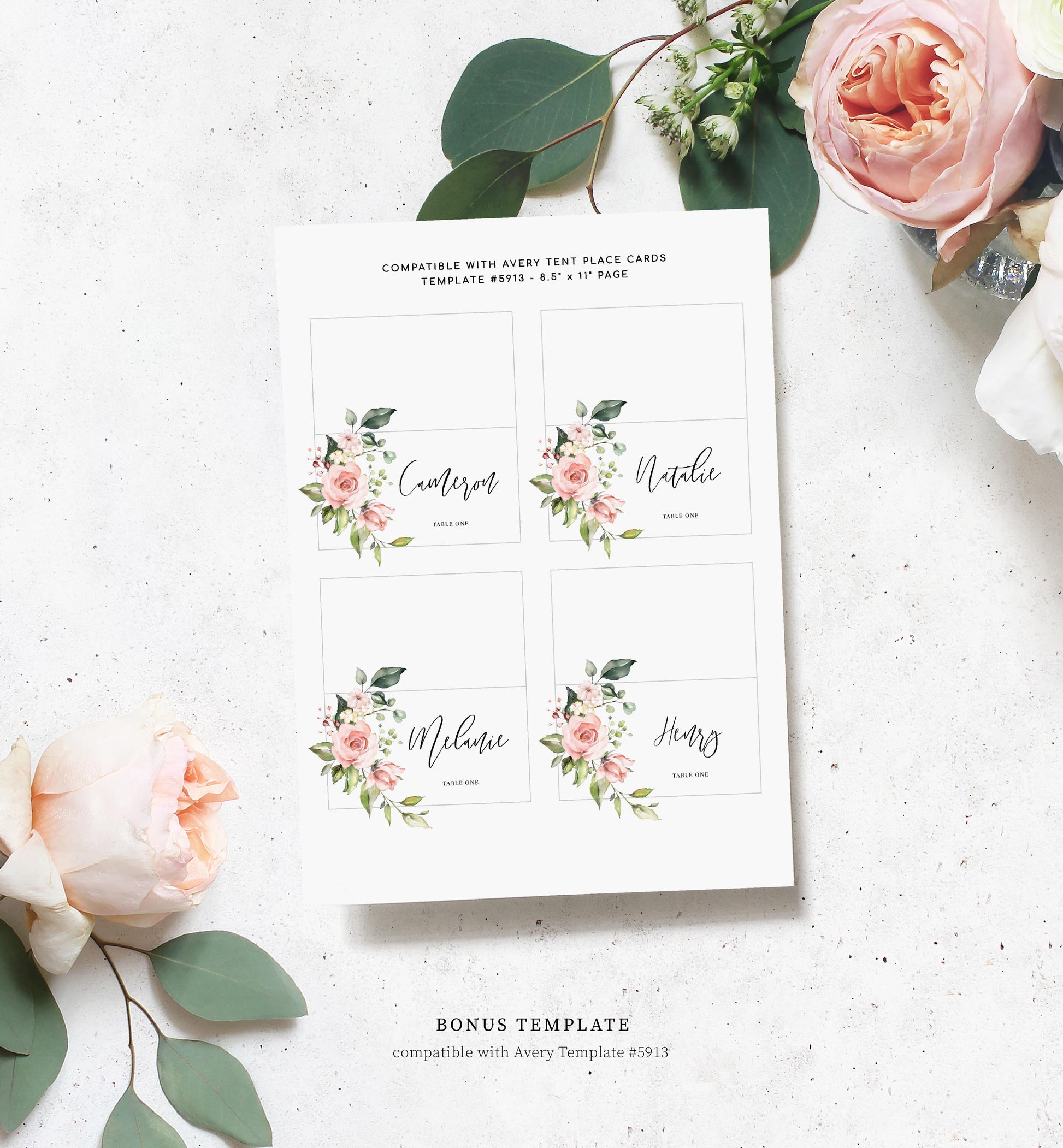 Blush Floral Printable Place Card Template, Wedding Place Card, Bridal Shower Place Cards, Baby Shower Place Cards, Escort Cards, Darcy