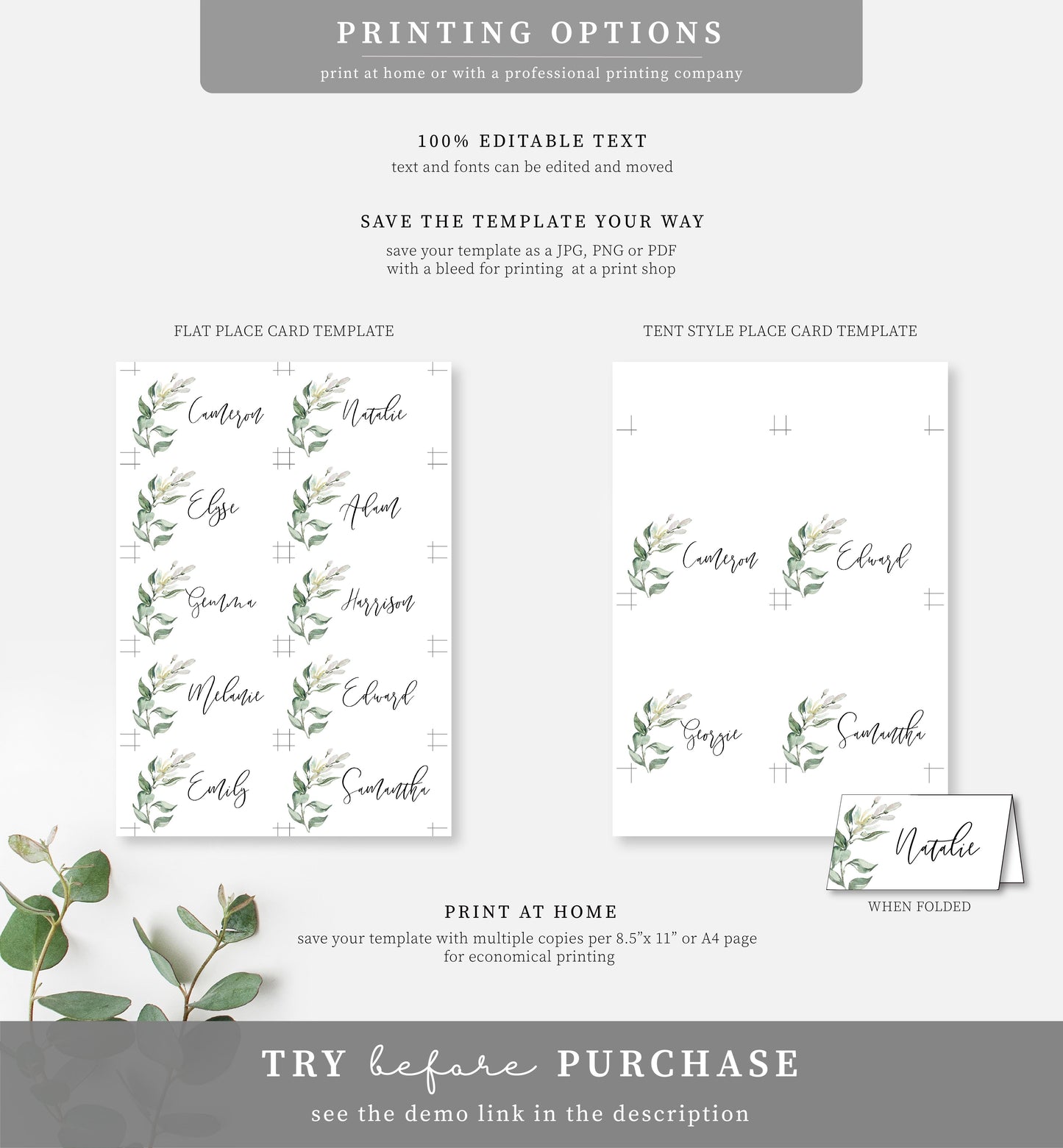 Muted Greenery | Printable Place Cards - Black Bow Studio