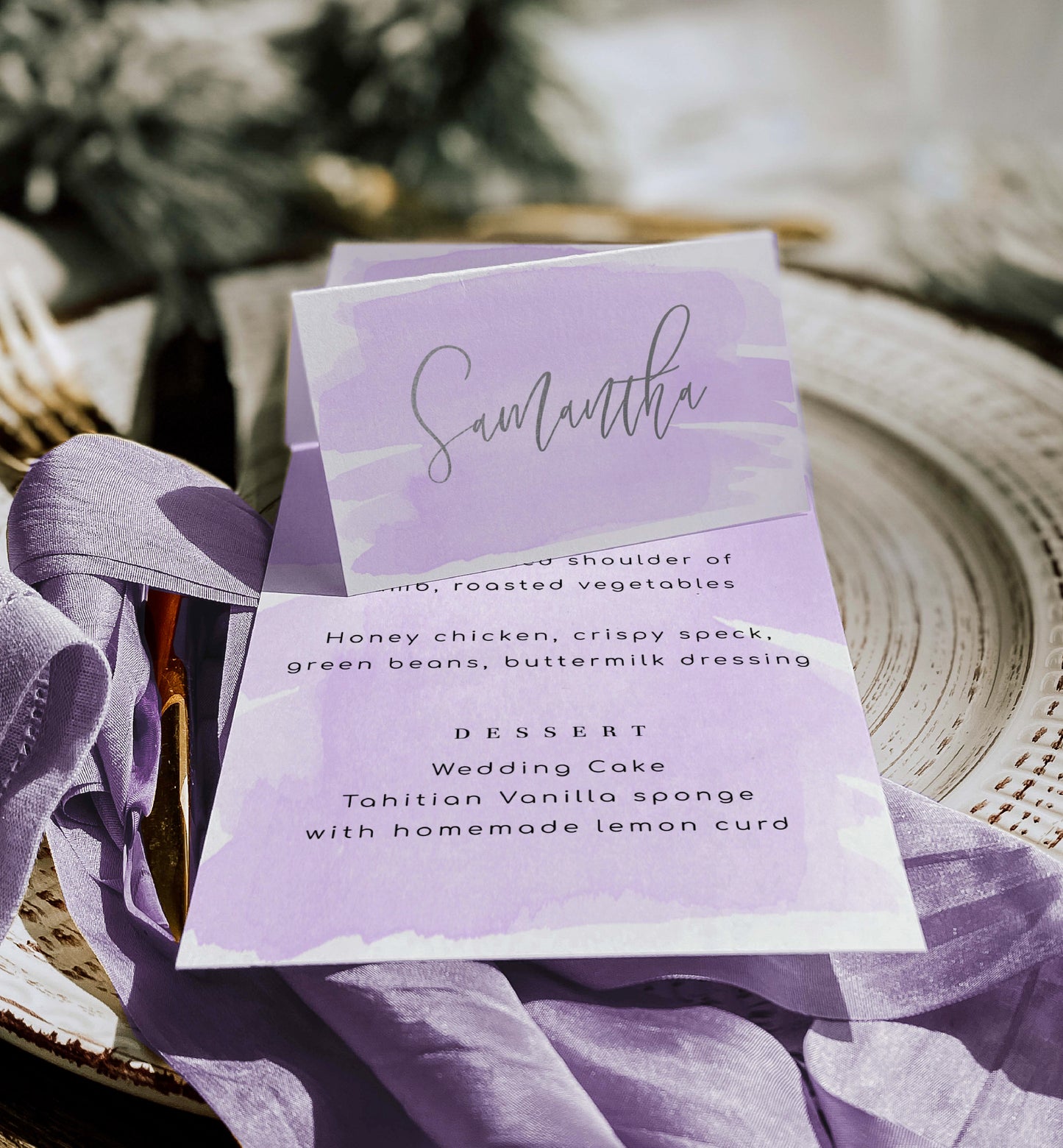 Watercolour Purple Silver | Printable Place Cards Template