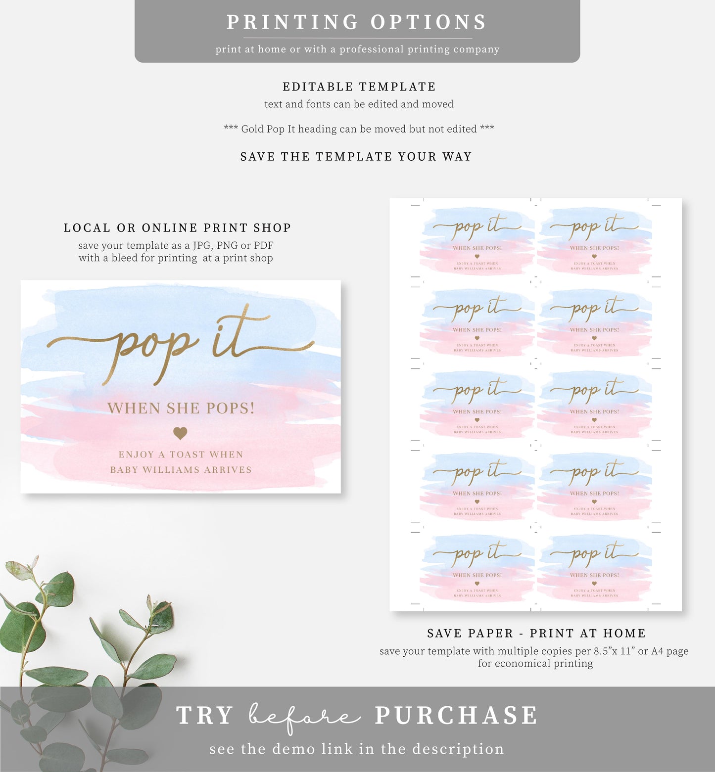 Watercolour Pink Blue | Printable Pop It Favour Tags Template