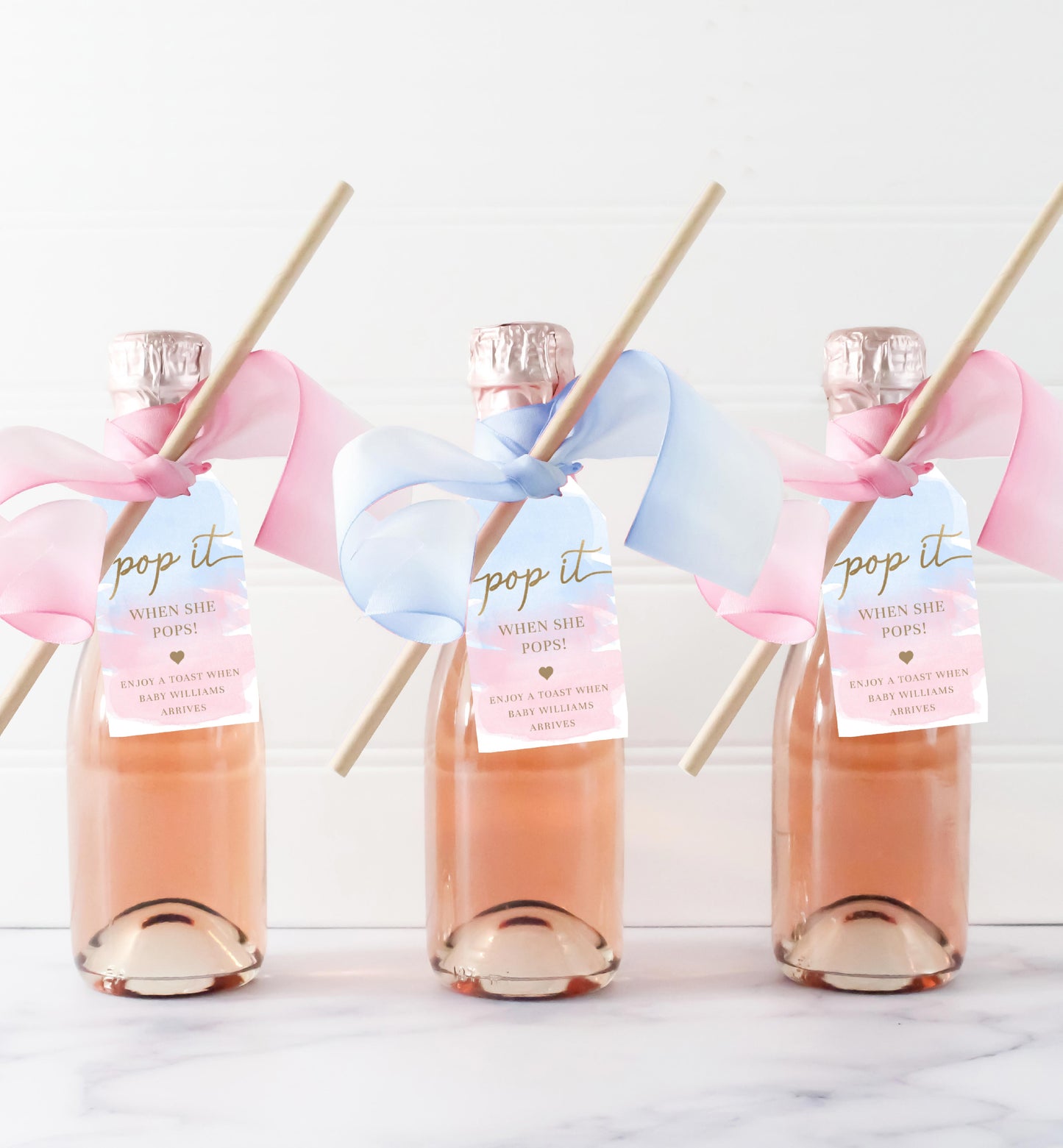 Pop It When She Pops Favor Tag and Label, Gender Reveal Baby Shower Champagne Pop It Favor Tag, Pink Blue Watercolor Mini Wine Bottle Label