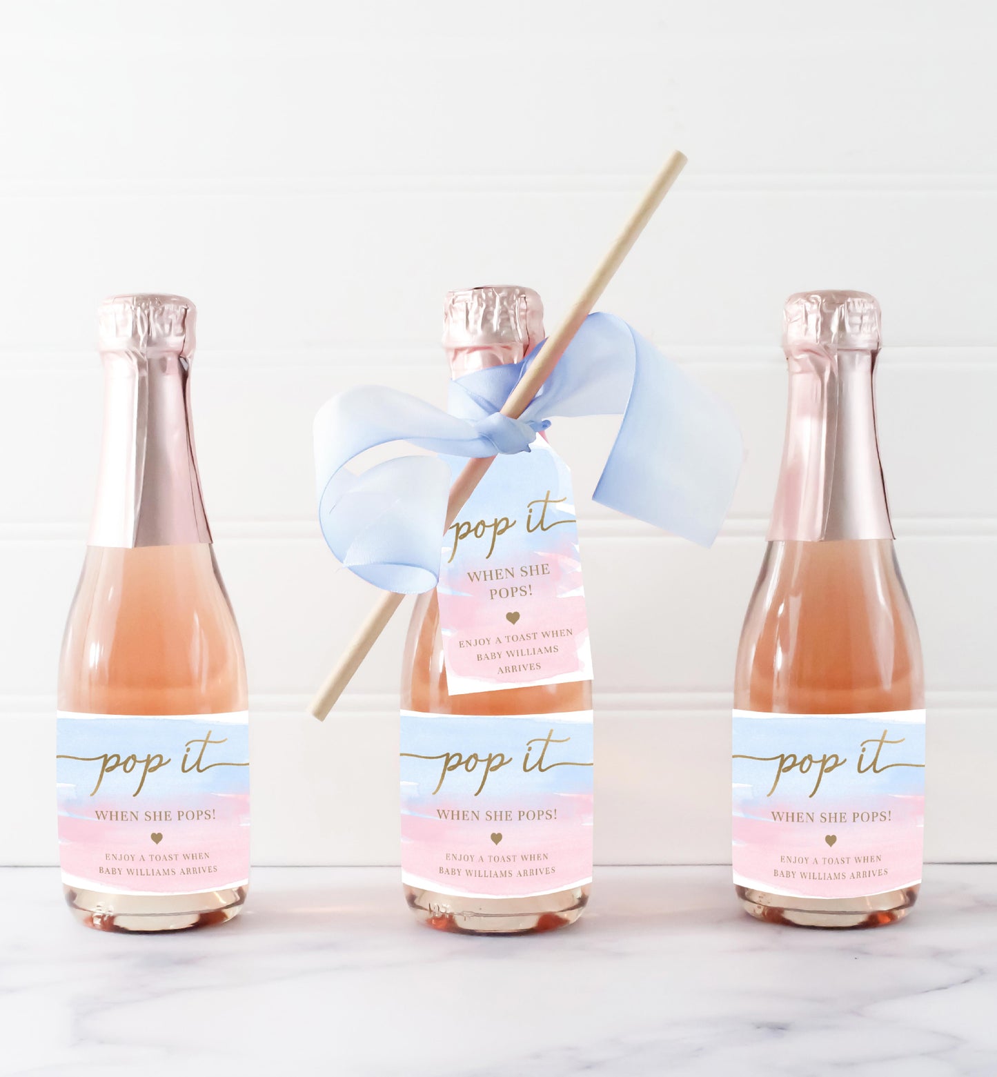 Pop It When She Pops Favor Tag and Label, Gender Reveal Baby Shower Champagne Pop It Favor Tag, Pink Blue Watercolor Mini Wine Bottle Label