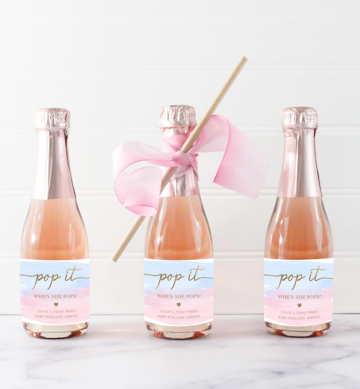 Pop It When She Pops Favor Tag and Label, Gender Reveal Baby Shower Champagne Pop It Favor Tag, Pink Blue Watercolor Mini Wine Bottle Label