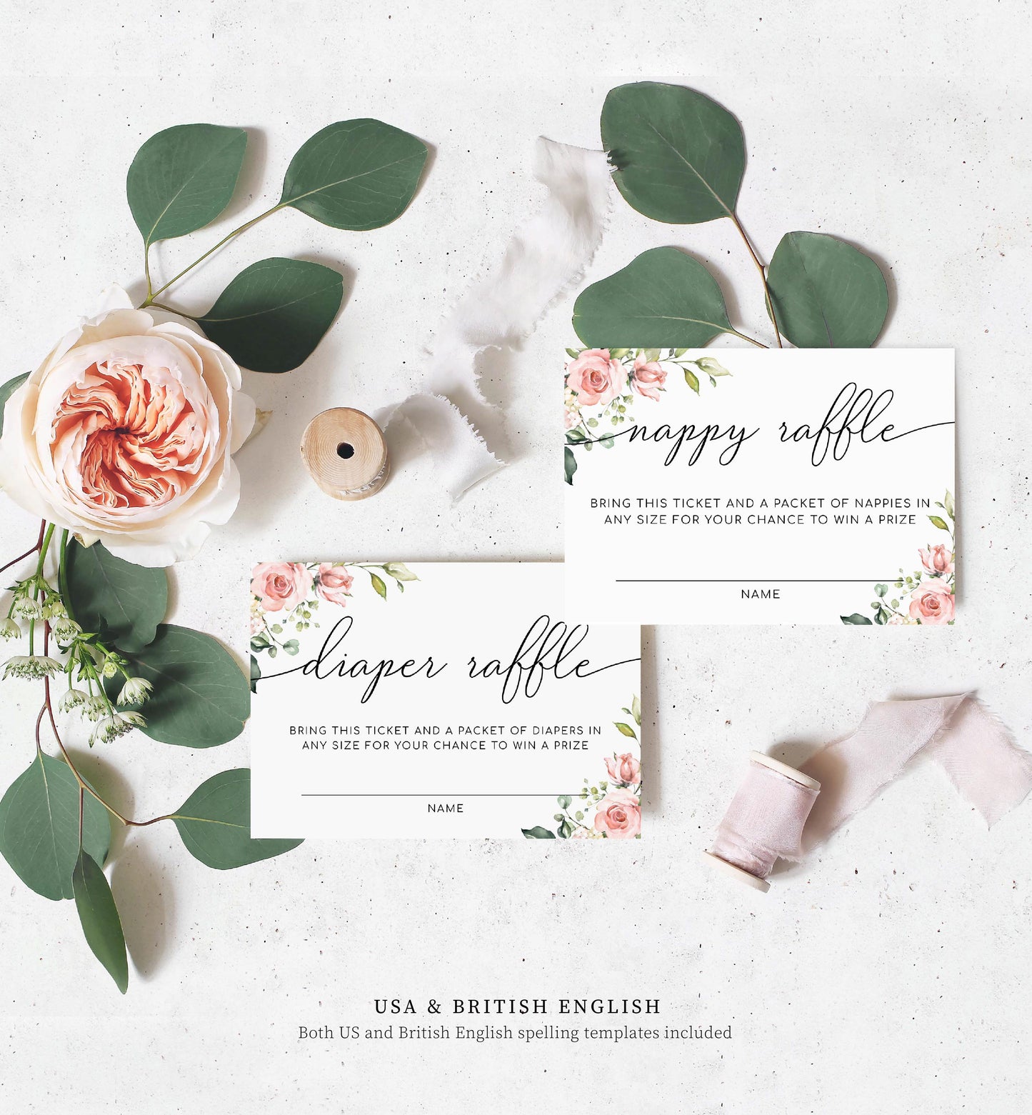 Darcy Floral Pink | Printable Diaper Raffle Sign and Ticket Template