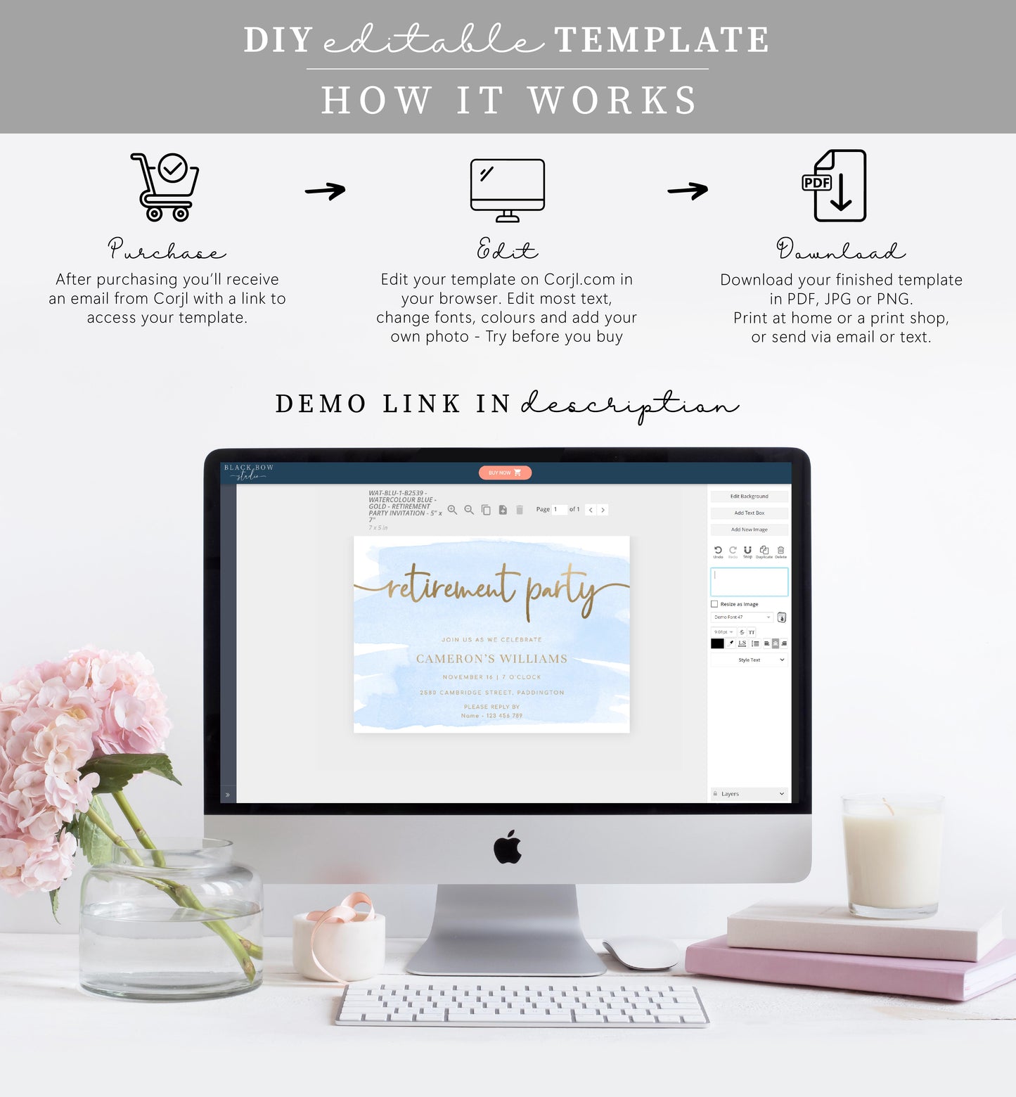 Watercolour Blue Gold | Printable Retirement Party Invitation Template