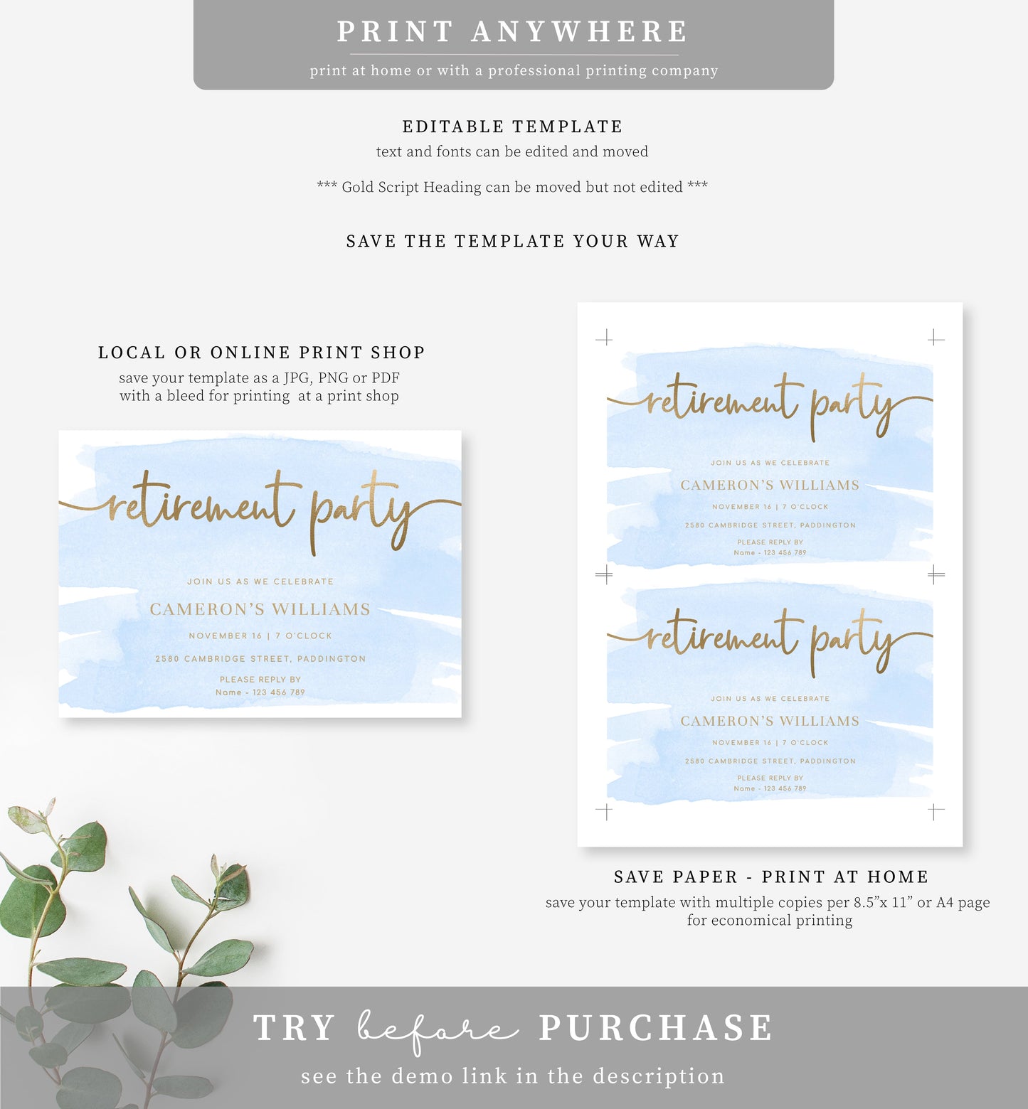 Watercolour Blue Gold | Printable Retirement Party Invitation Template