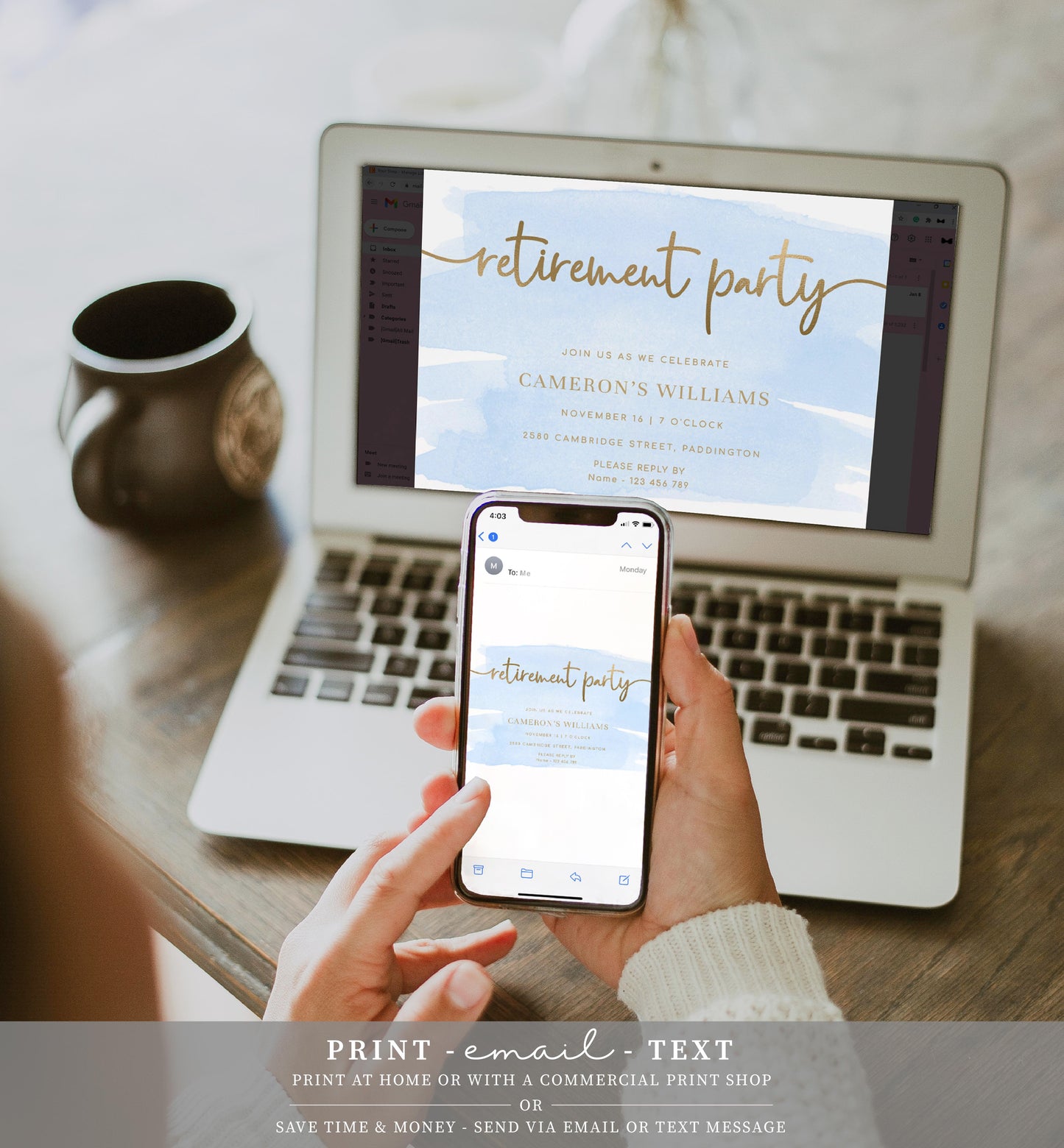 Watercolour Blue Gold | Printable Retirement Party Invitation Template