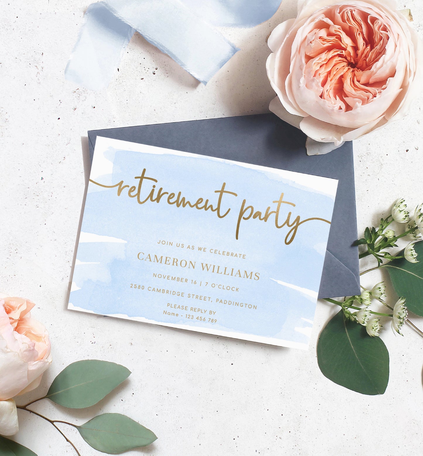 Watercolour Blue Gold | Printable Retirement Party Invitation Template