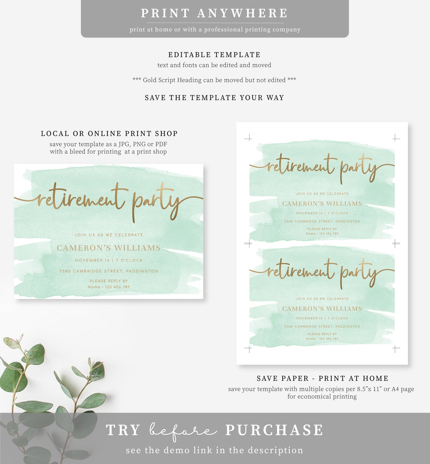 Watercolour Green Gold | Printable Retirement Party Invitation Template