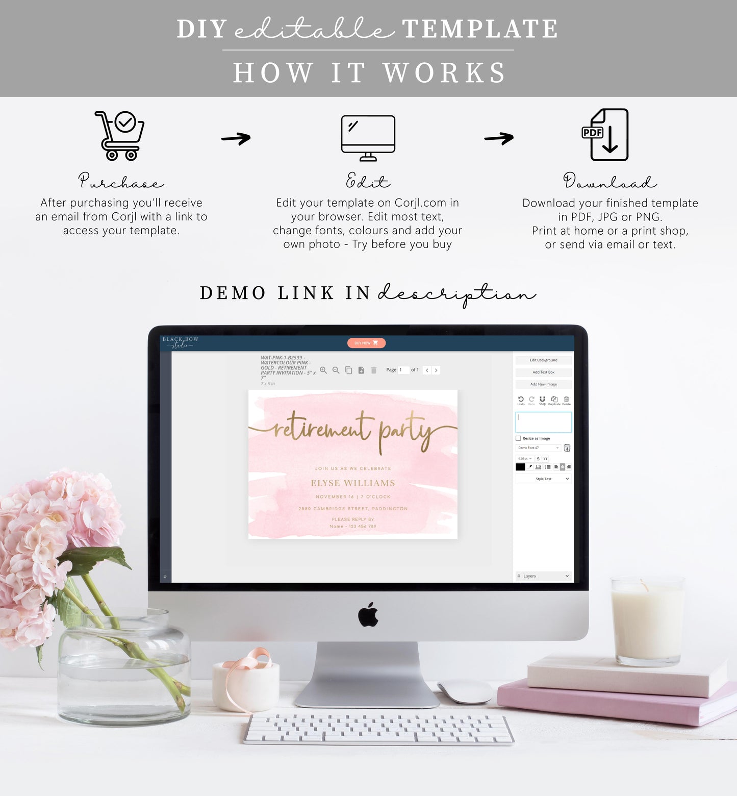 Watercolour Pink Gold | Printable Retirement Party Invitation Template