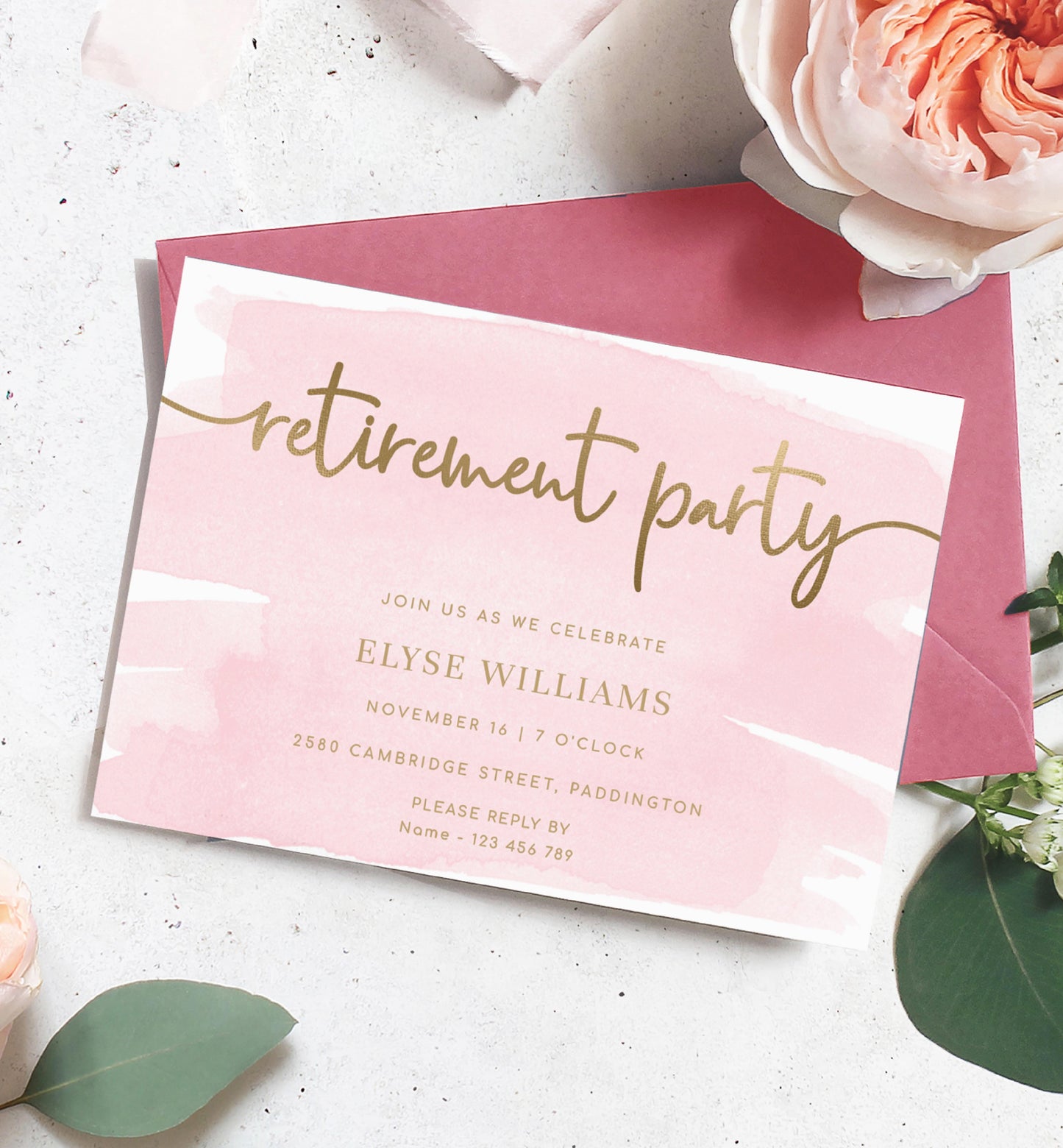 Watercolour Pink Gold | Printable Retirement Party Invitation Template