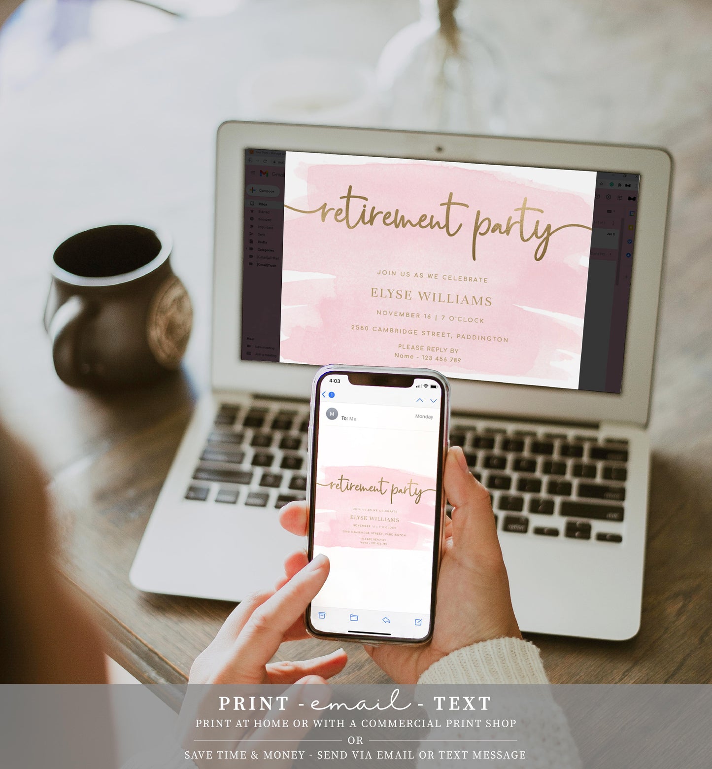 Watercolour Pink Gold | Printable Retirement Party Invitation Template