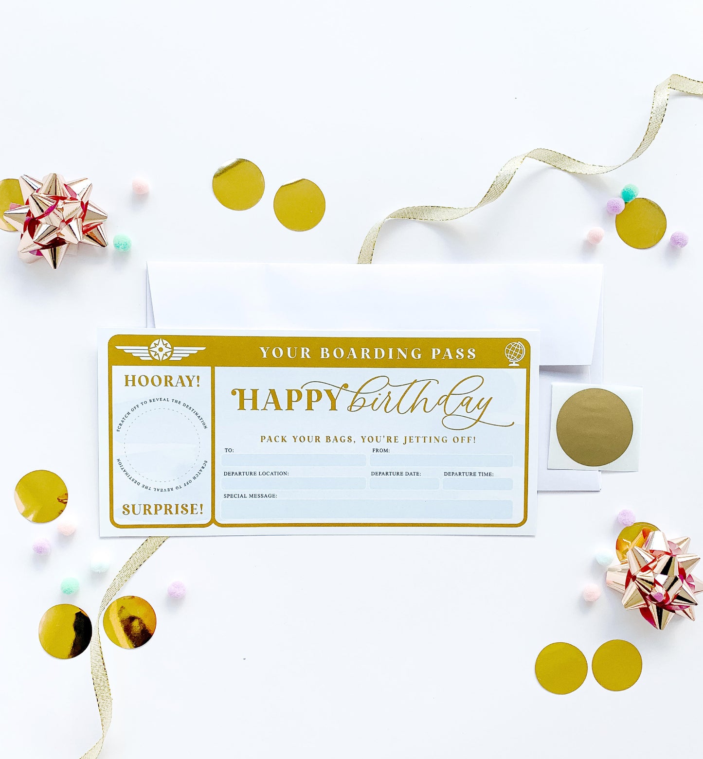 Watercolour Blue Gold | Scratch-off Birthday Boarding Pass