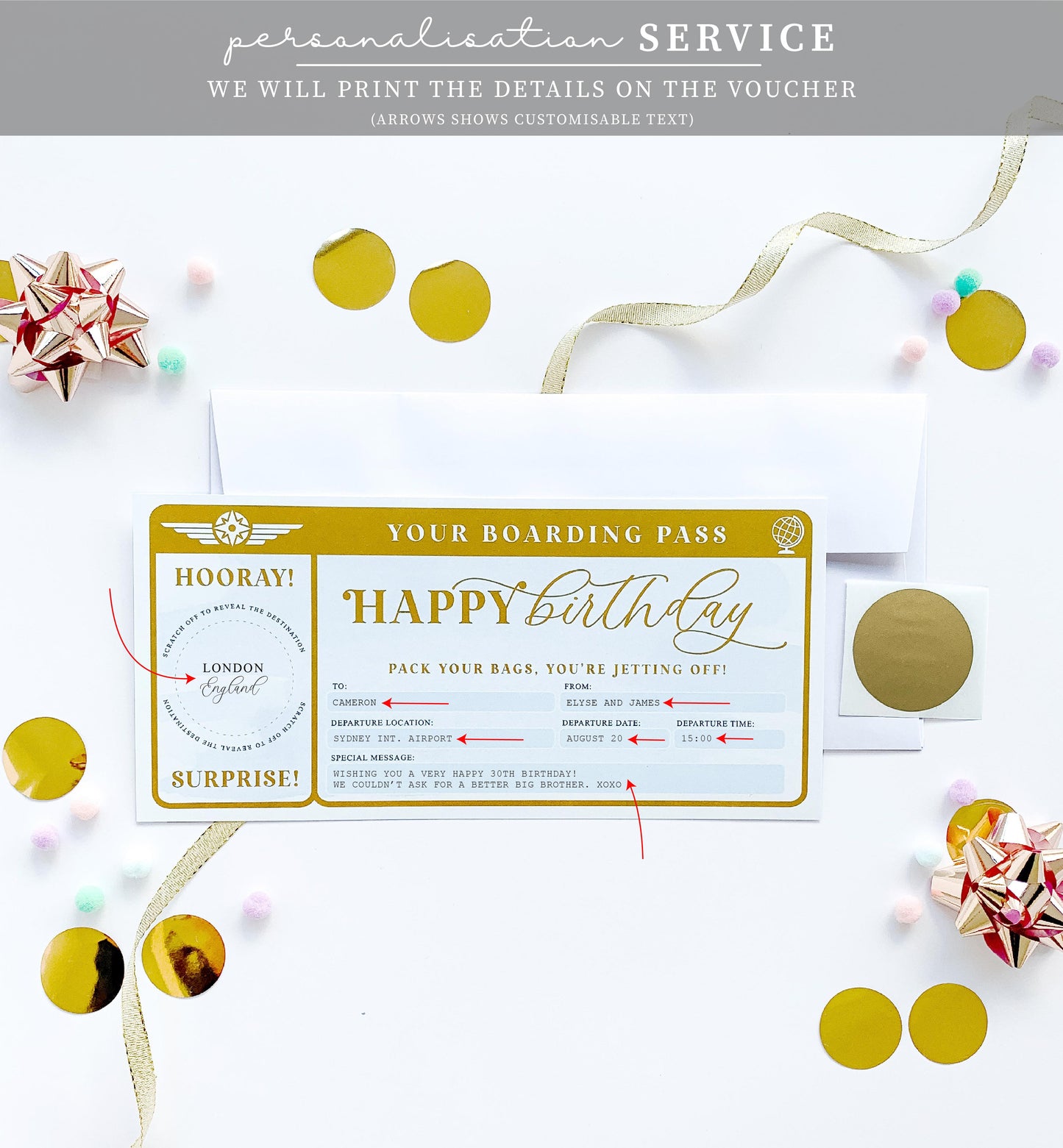 Watercolour Blue Gold | Scratch-off Birthday Boarding Pass