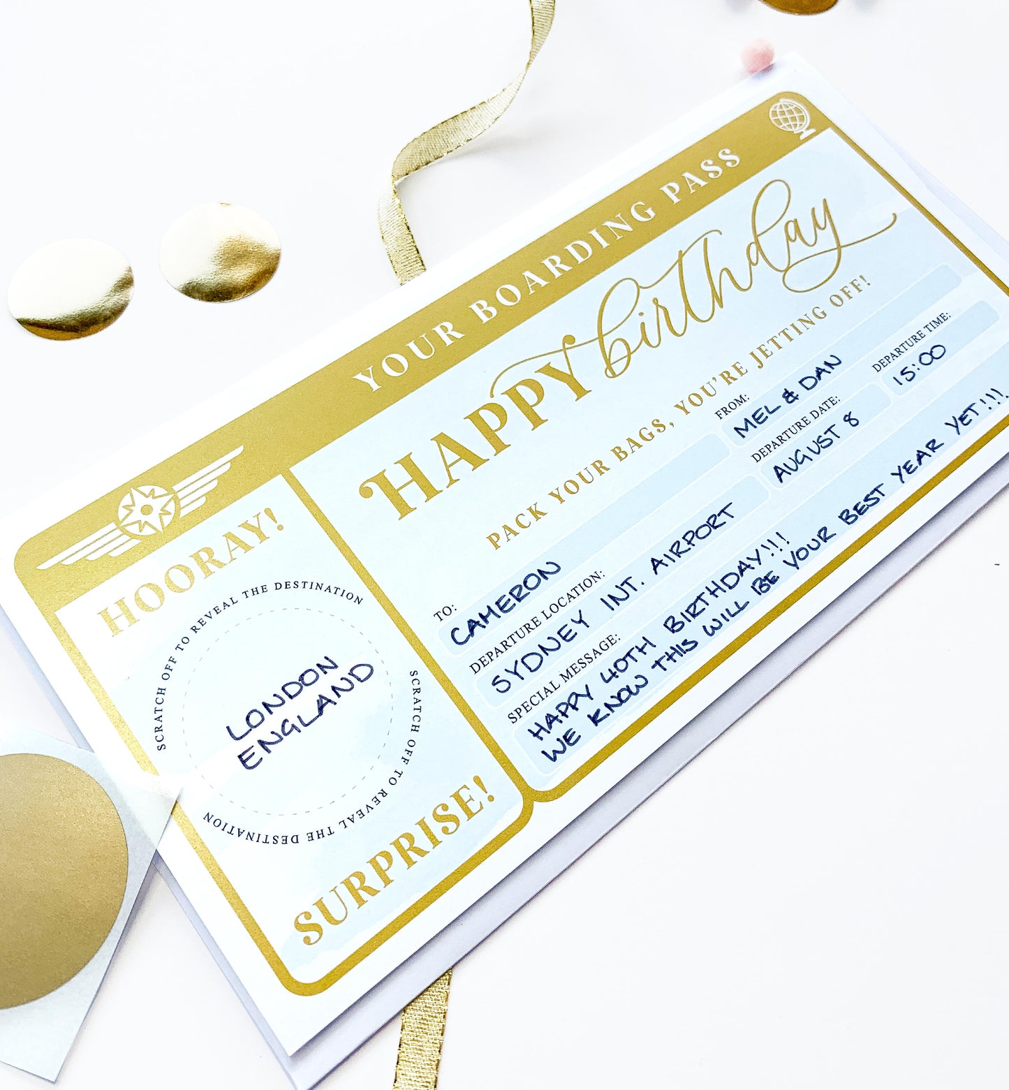 Watercolour Blue Gold | Scratch-off Birthday Boarding Pass