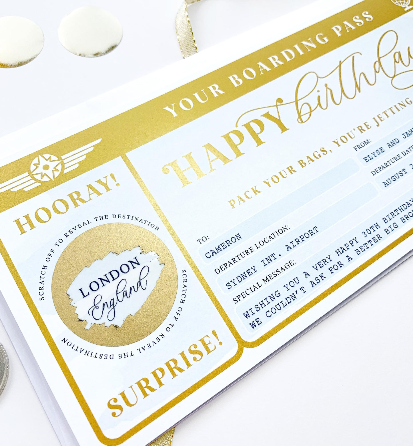 Watercolour Blue Gold | Scratch-off Birthday Boarding Pass