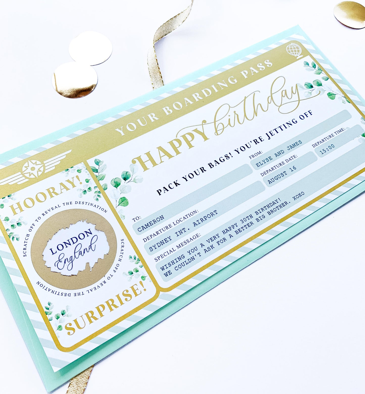 Ferras Greenery Gold | Scratch-off Birthday Boarding Pass