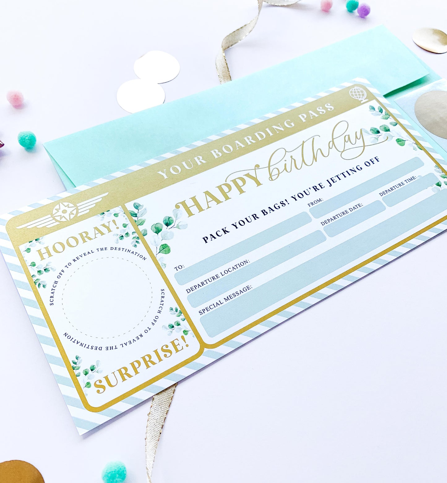 Ferras Greenery Gold | Scratch-off Birthday Boarding Pass