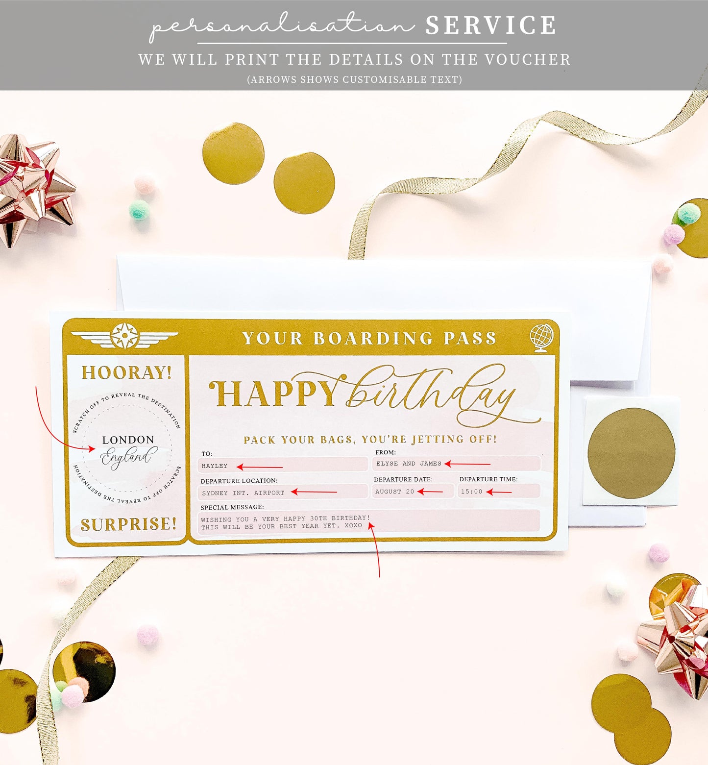 Watercolour Pink Gold | Scratch-off Birthday Boarding Pass