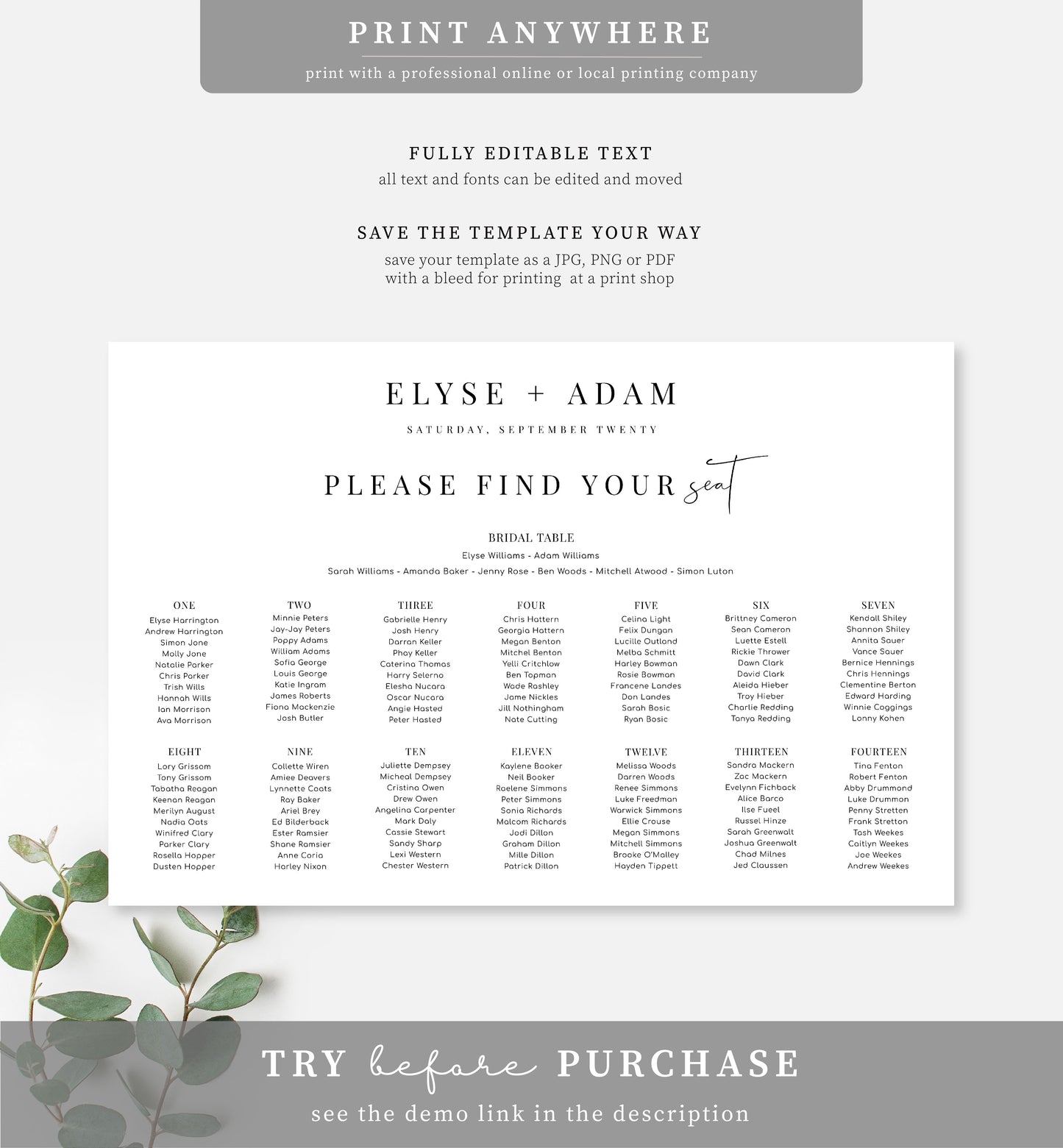 Estelle White | Printable Seating Chart Template