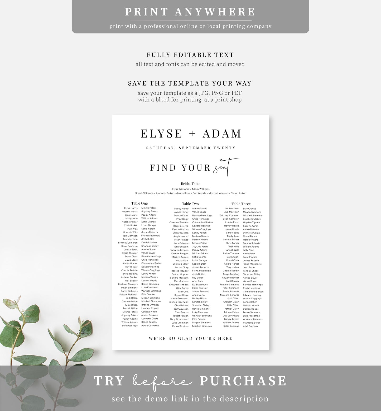 Estelle White | Printable Seating Chart - 3 Banquet Tables Template