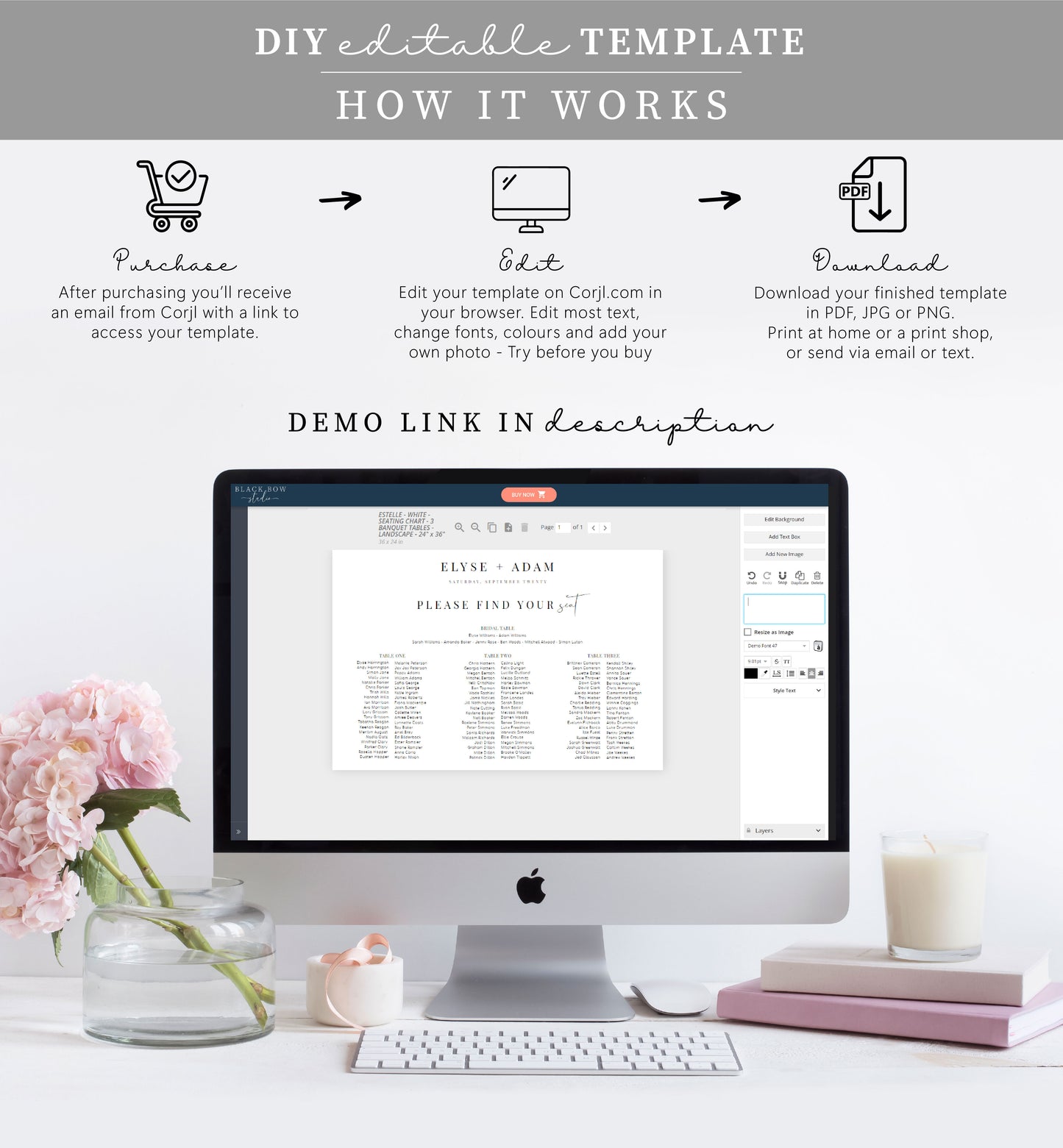 Estelle White | Printable Seating Chart - 3 Banquet Tables Template