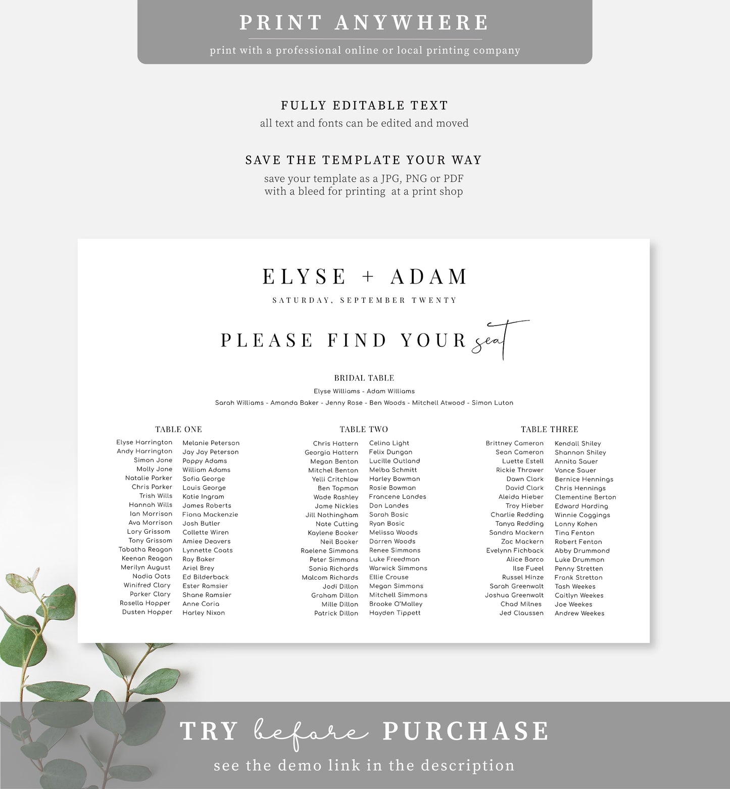 Estelle White | Printable Seating Chart - 3 Banquet Tables Template