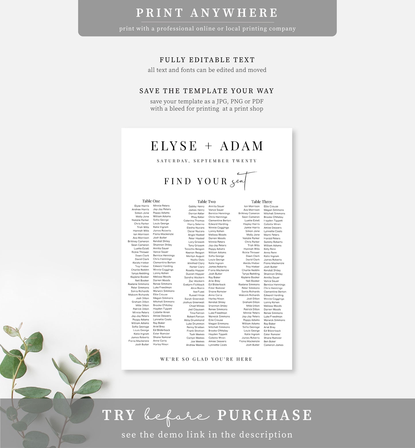 Estelle White | Printable Seating Chart - 3 Banquet Tables