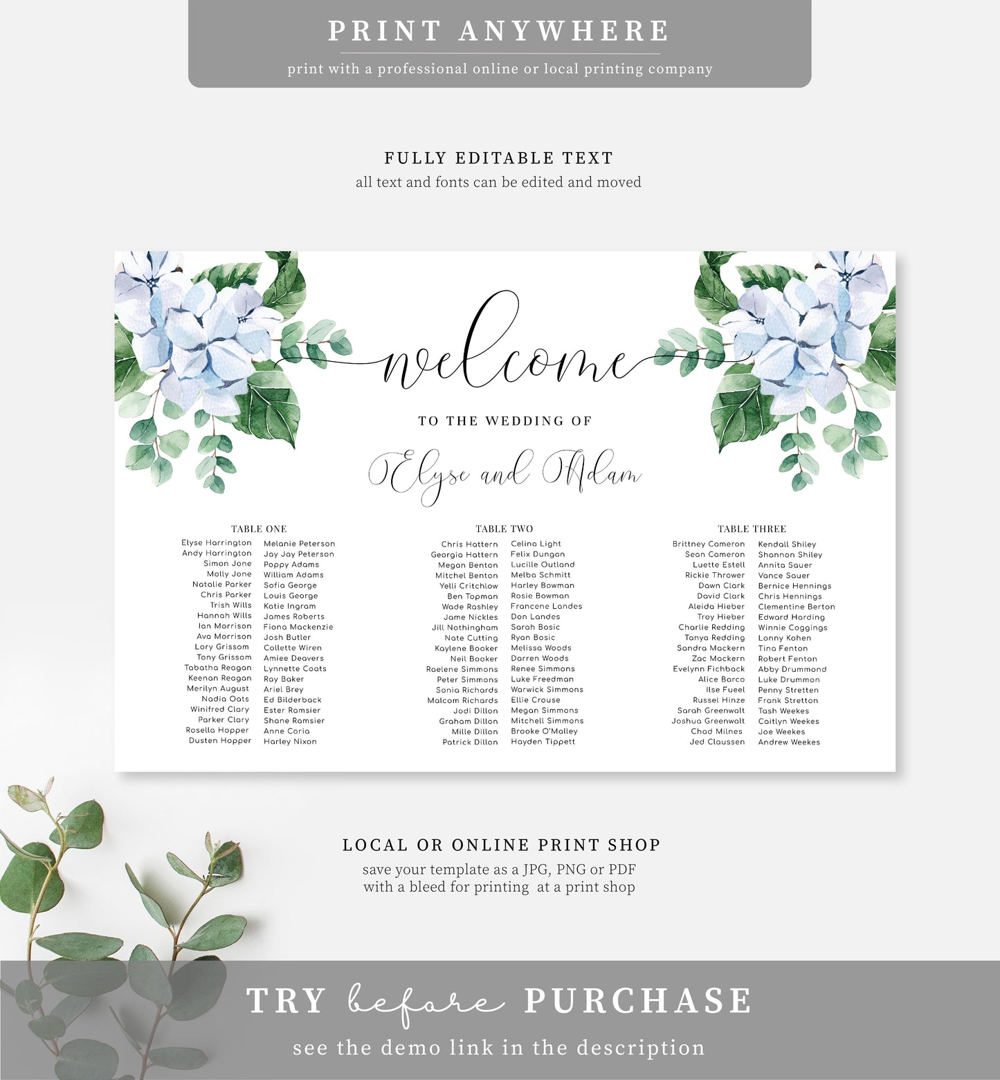 Ferras Blossom Blue | Printable Banquet Table Seating Chart Template