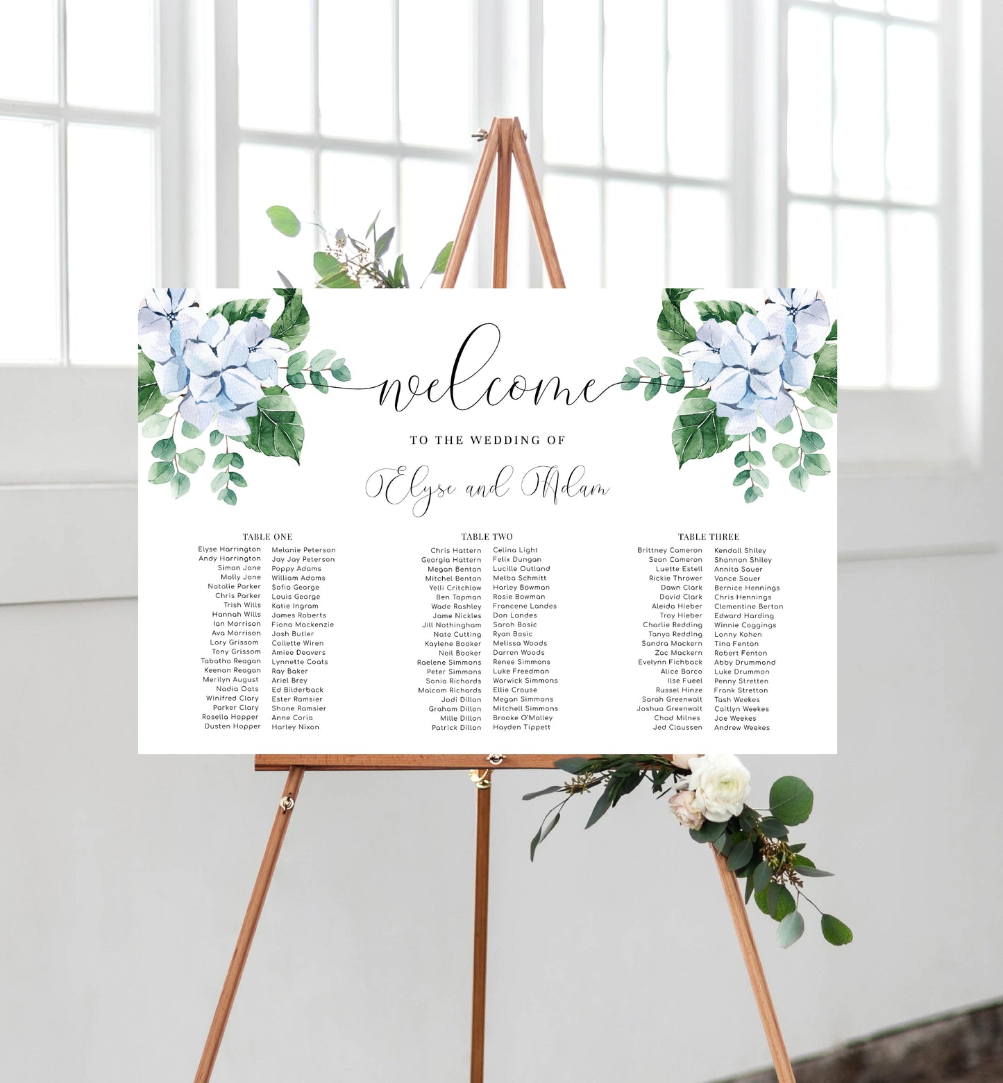 Ferras Blossom Blue | Printable Banquet Table Seating Chart Template