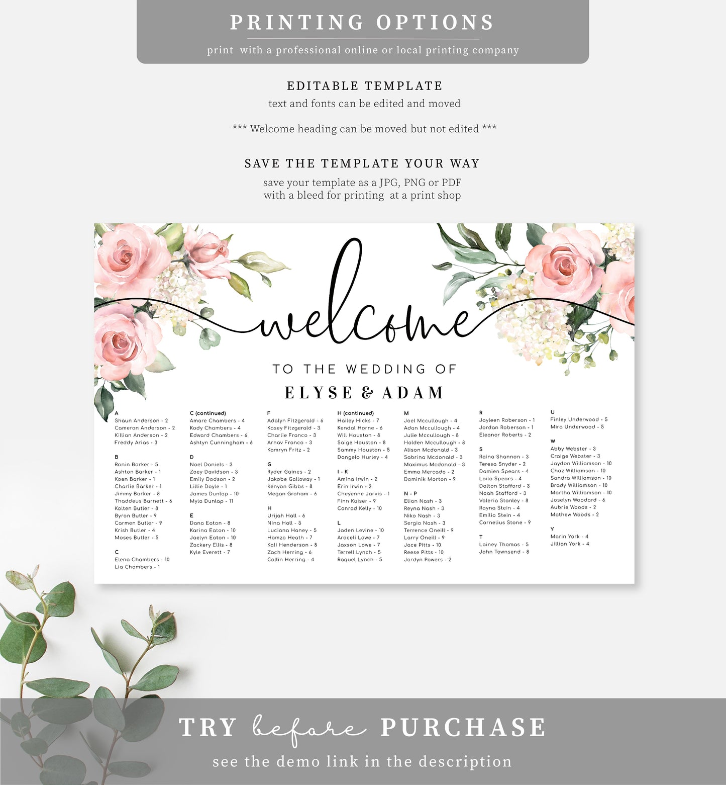 Darcy Floral Pink | Printable Seating Chart Template - Alphabetical
