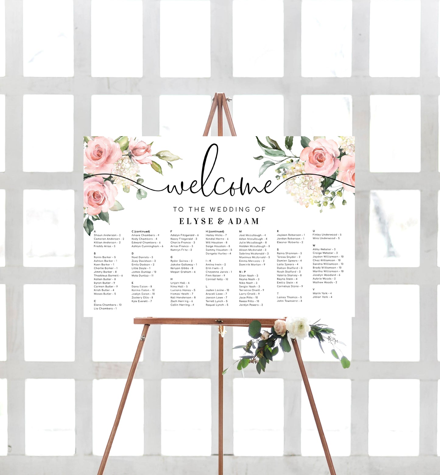 Darcy Floral Pink | Printable Seating Chart Template - Alphabetical