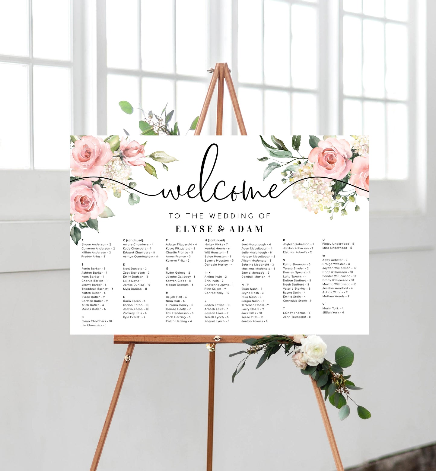Darcy Floral Pink | Printable Seating Chart Template - Alphabetical