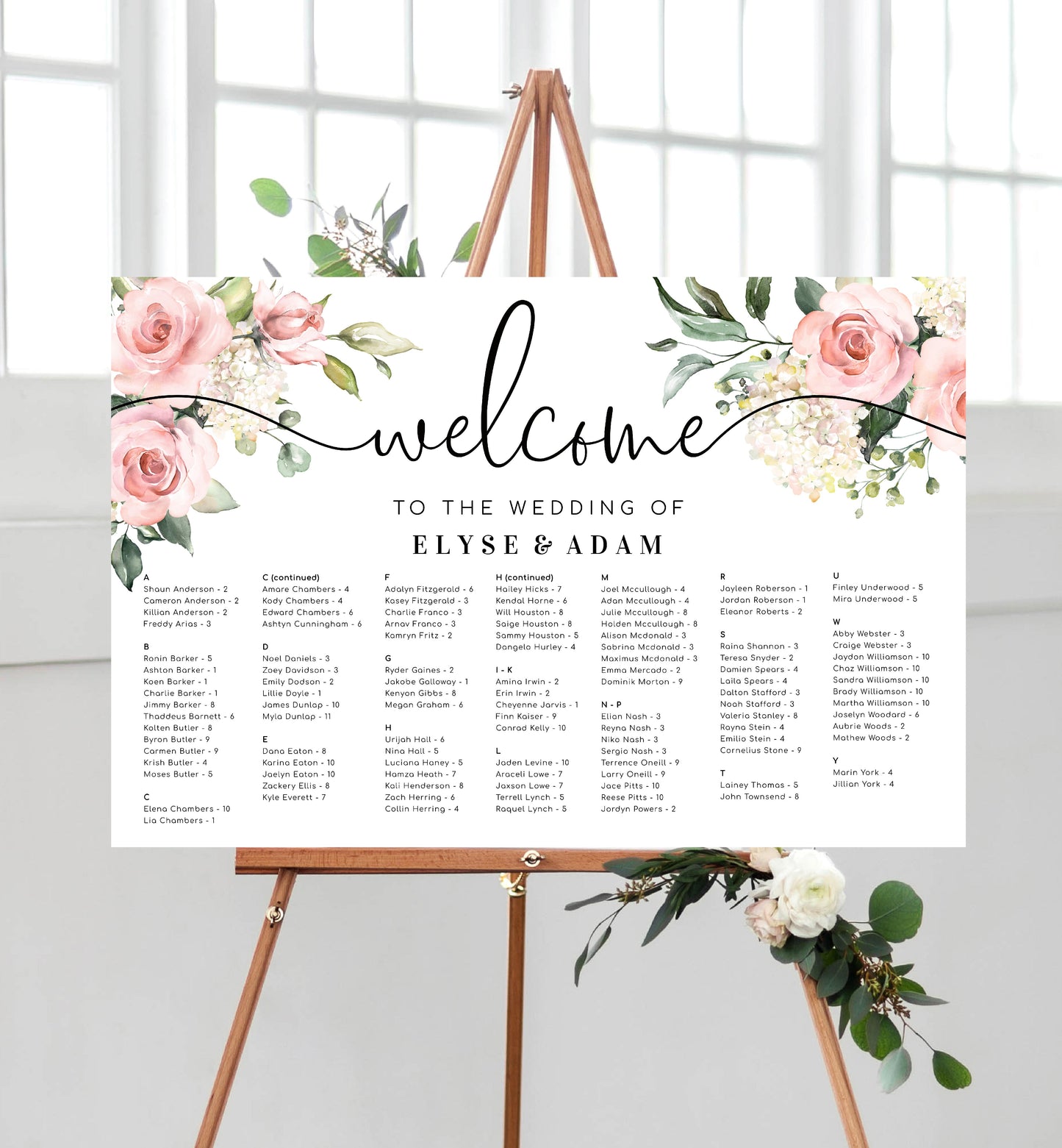 Darcy Floral Pink | Printable Seating Chart Template - Alphabetical