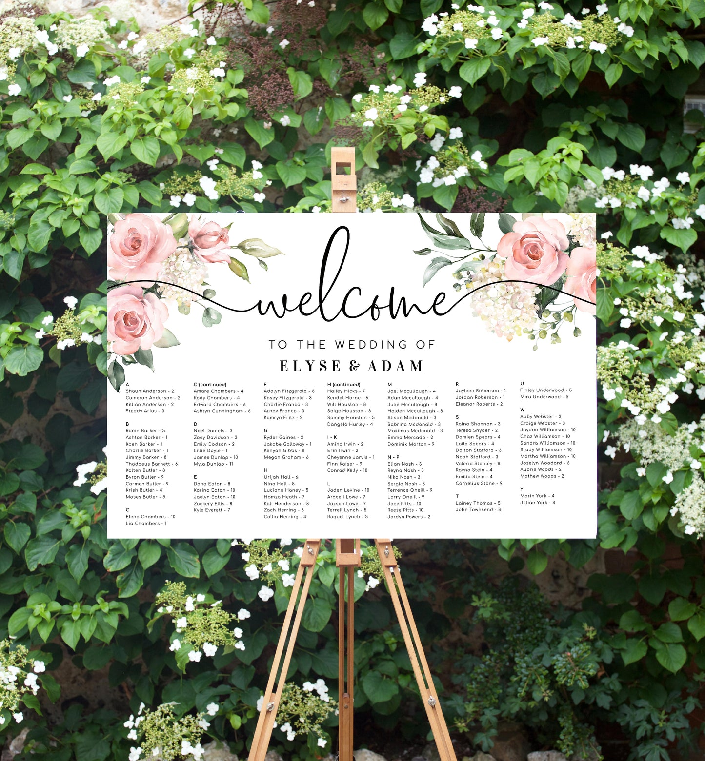 Darcy Floral Pink | Printable Seating Chart Template - Alphabetical