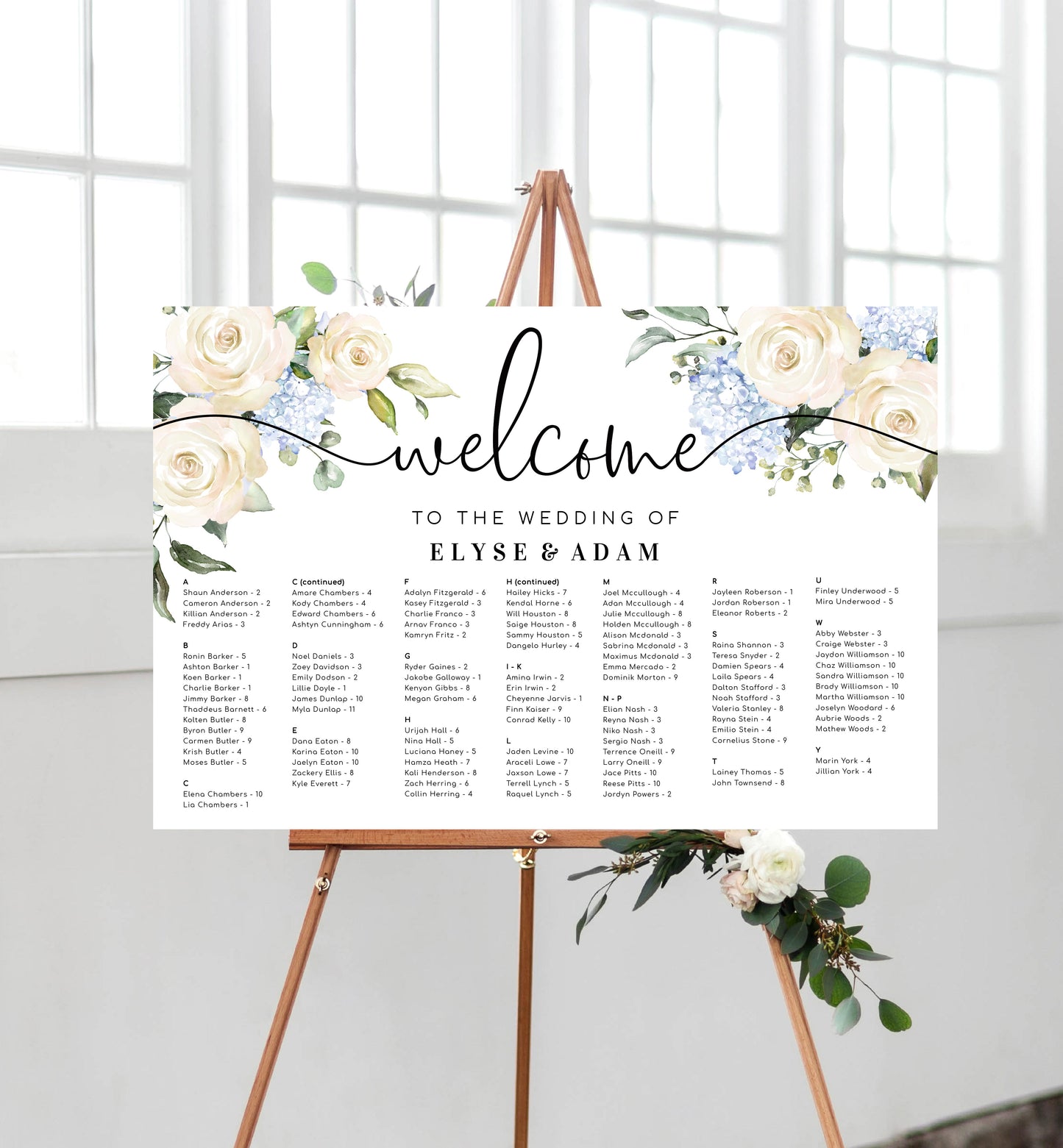 Darcy Floral White | Printable Seating Chart - Alphabetical