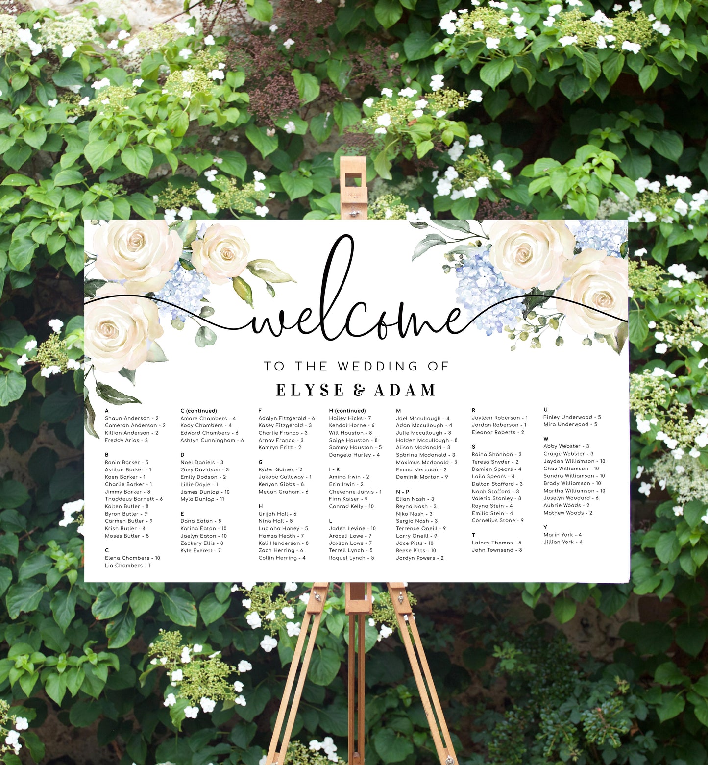Darcy Floral White | Printable Seating Chart - Alphabetical