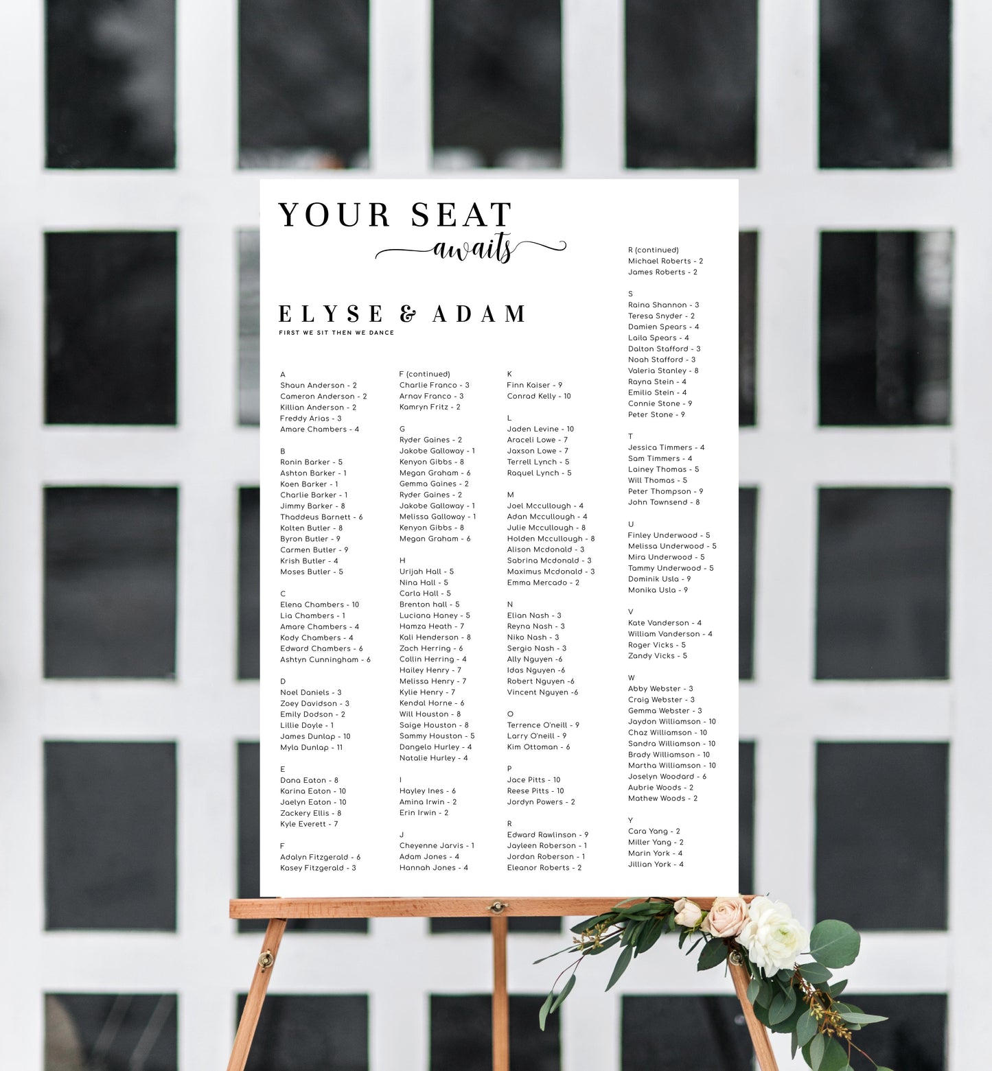 Leyton Script White | Printable Your Seat Awaits Seating Chart - Alphabetical