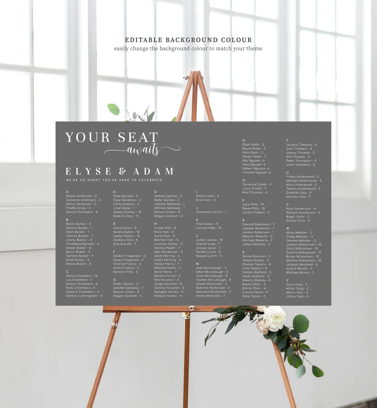 Leyton Script White | Printable Your Seat Awaits Seating Chart - Alphabetical