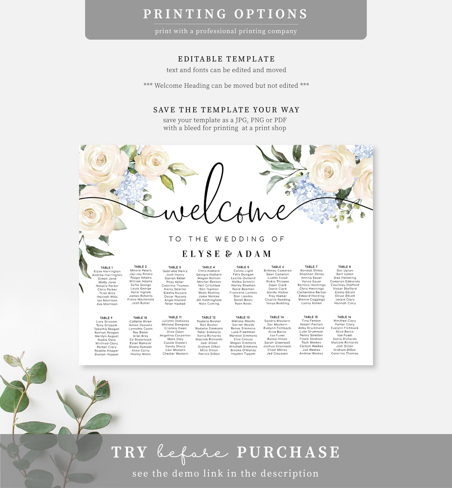 Darcy Floral White | Printable Seating Chart - Black Bow Studio