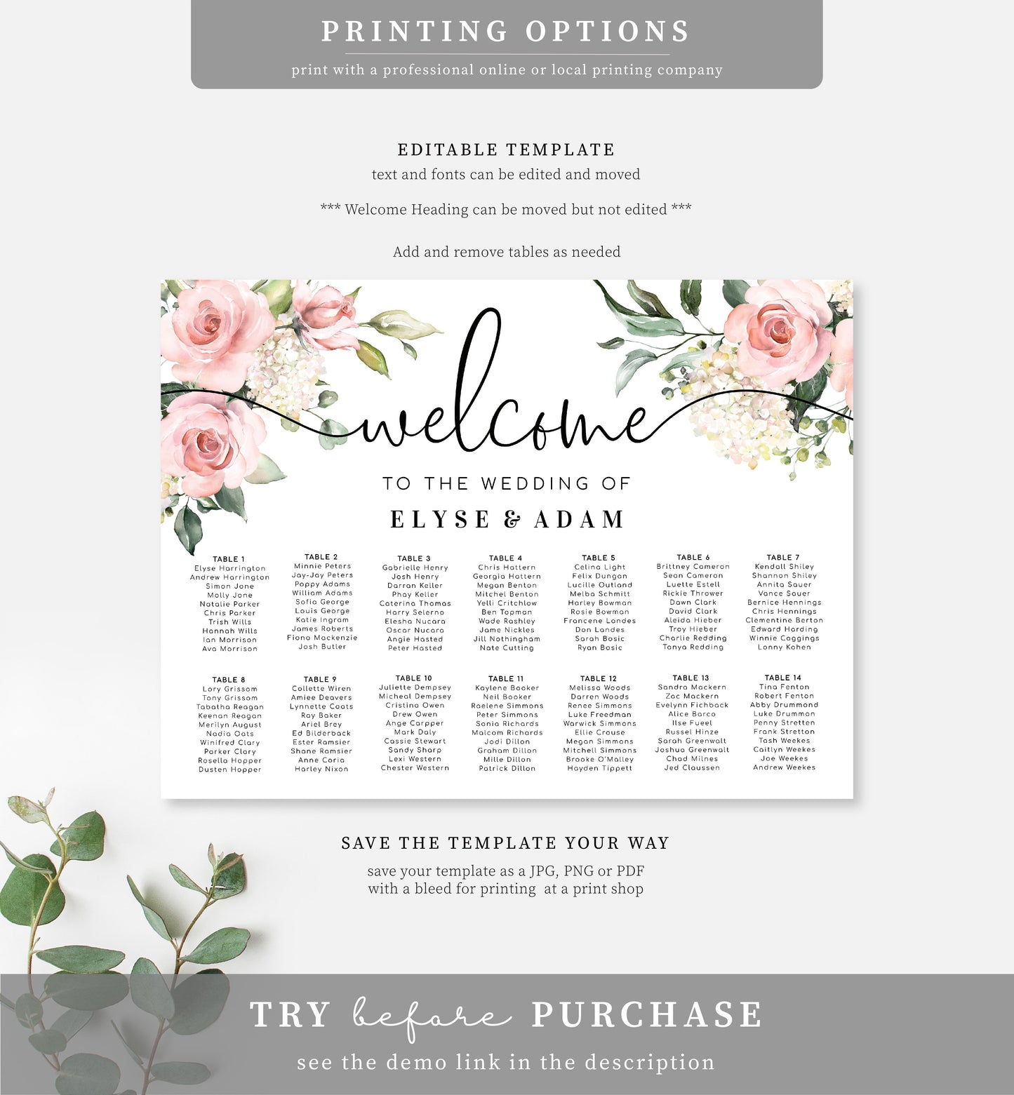 Darcy Floral Pink | Printable Seating Chart Template